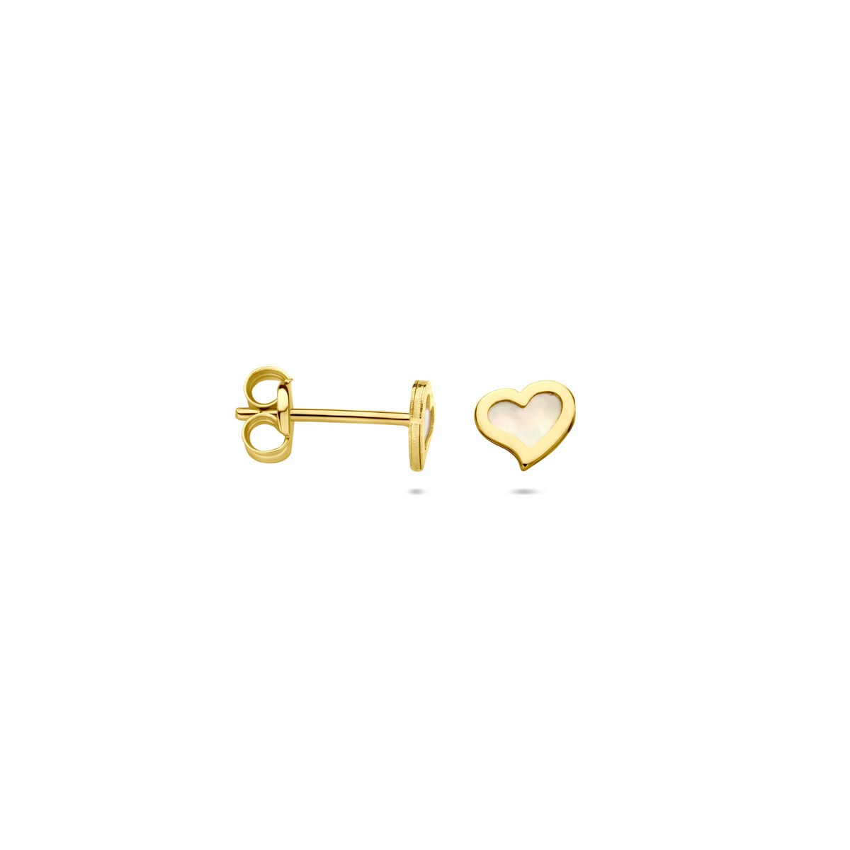 Orecchini a bottone in oro giallo 14k a forma di cuore con madreperla