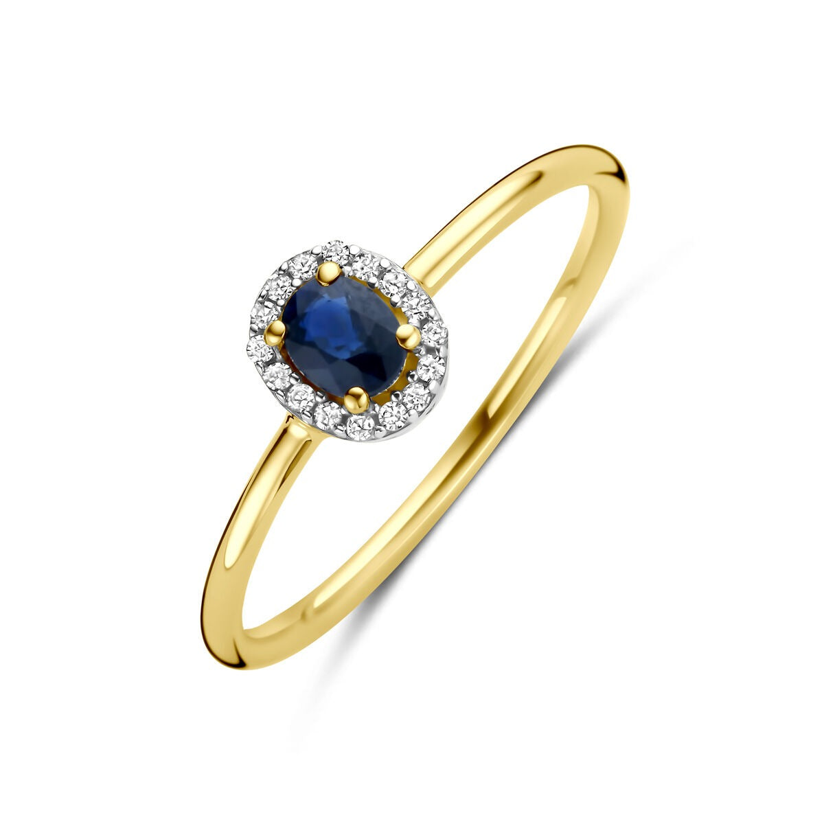 Anello in oro giallo 14k con zaffiro ovale e diamanti incastonati.