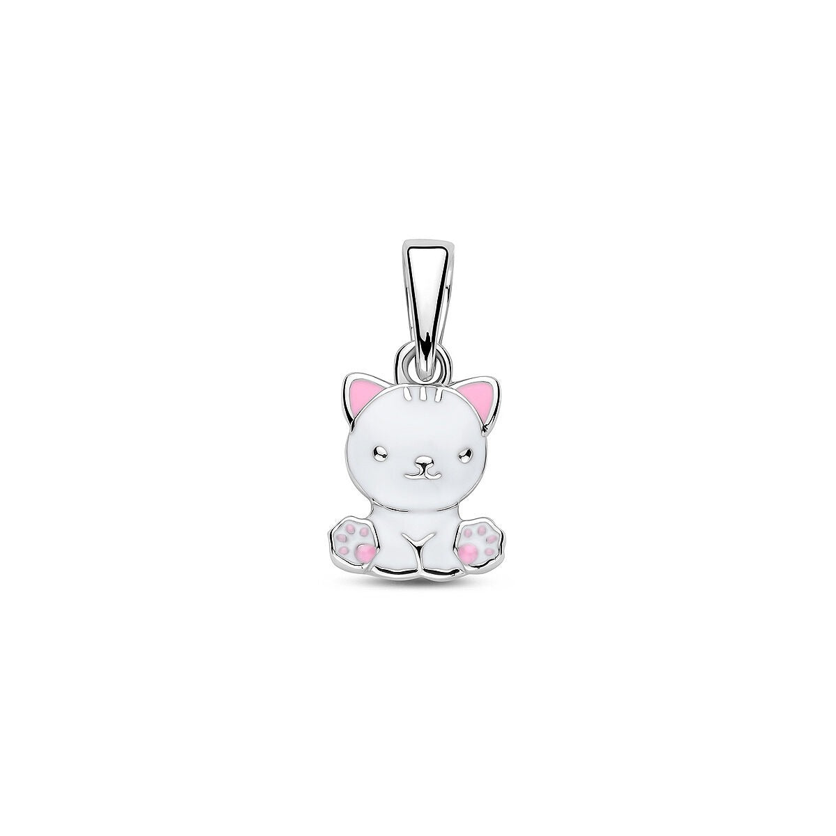 Ciondolo a forma di gatto in argento 925 rodiato con smalto bianco e dettagli rosa.