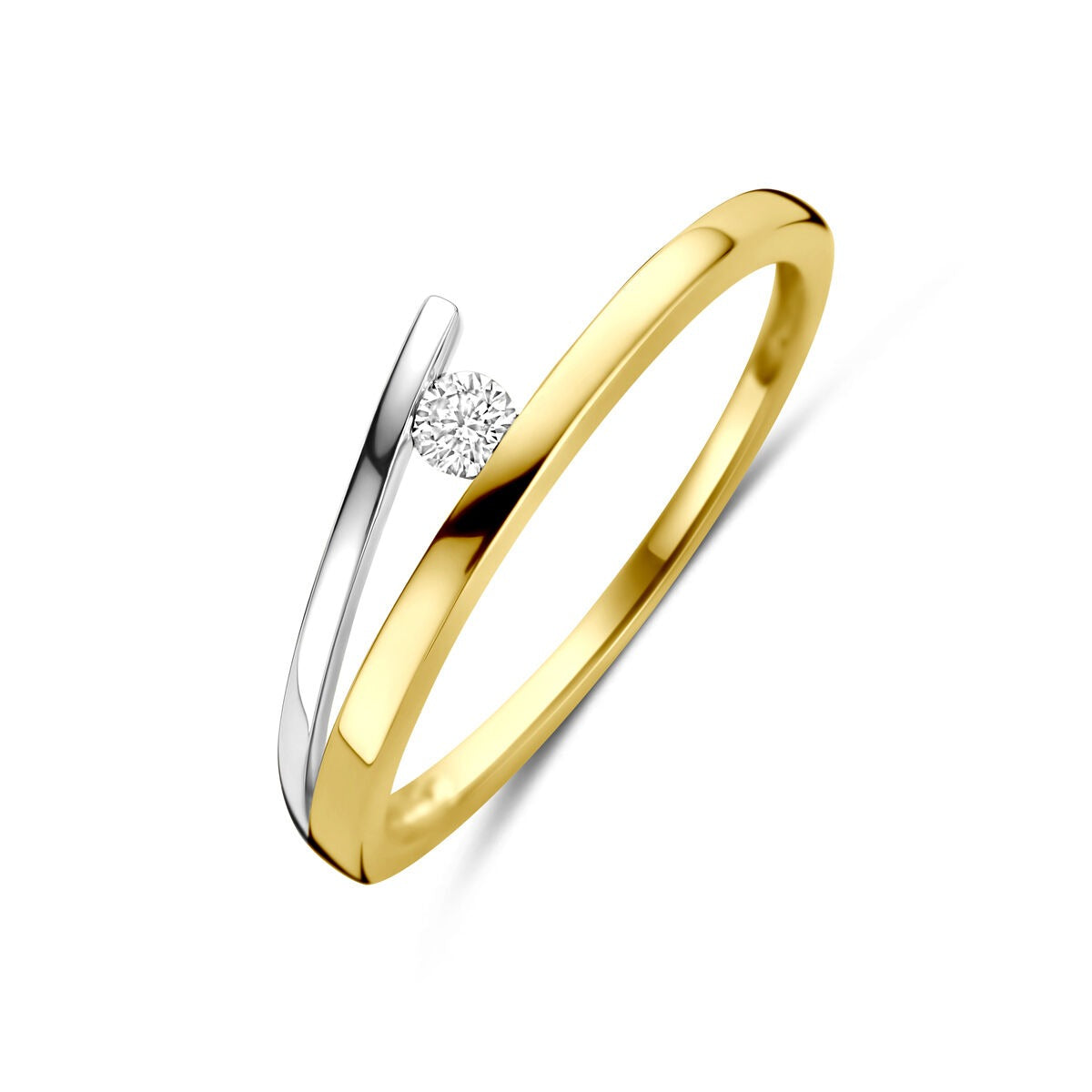 Anello bicolore in oro giallo e bianco con diamante, design sottile e moderno.