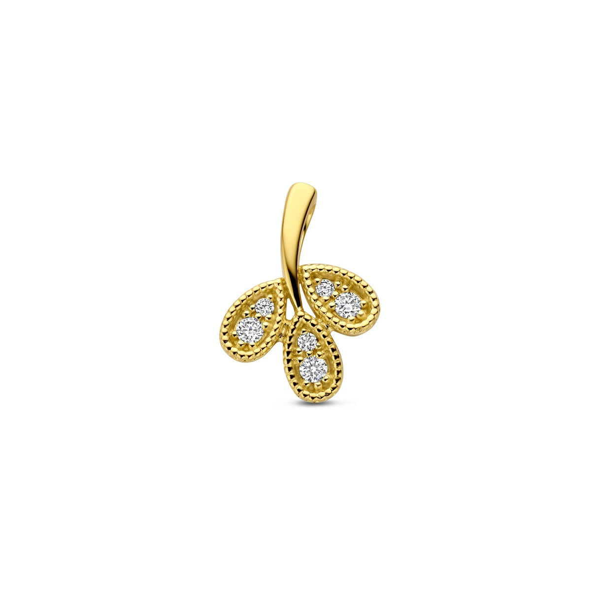 Ciondolo in oro giallo 14k con diamanti, dalla forma a goccia con dettagli incisi.
