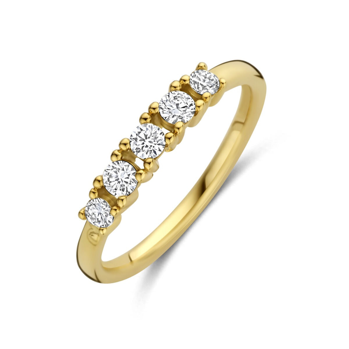 Anello da donna in oro giallo 14k con diamanti lab-grown, cinque pietre incastonate.