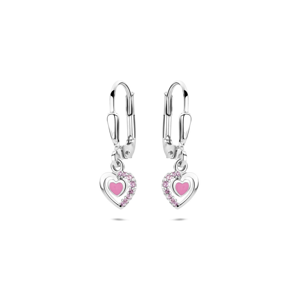Orecchini argentati con cuore smaltato rosa e zirconi rosa, lunghezza 21 mm.