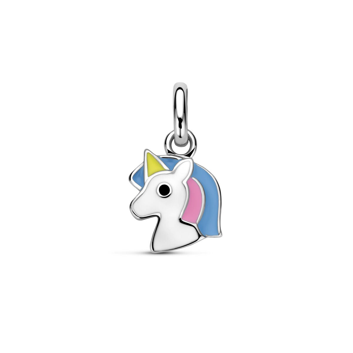 Ciondolo per bambini a forma di unicorno in argento con smalto, dimensioni 10 x 8 mm.