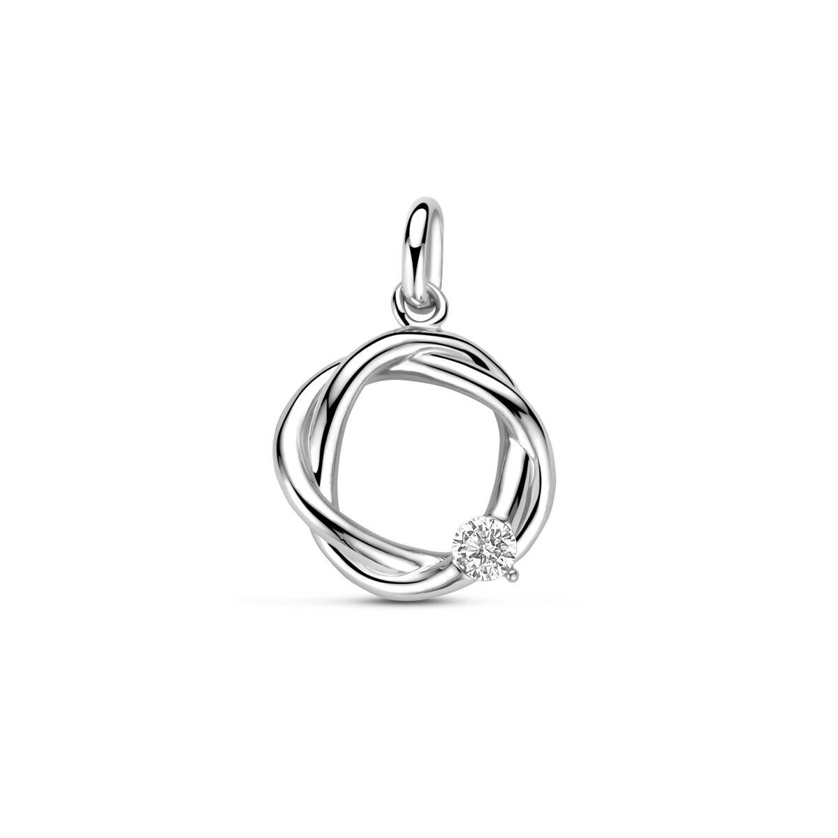 Zilveren hanger van gerhodineerd 925 zilver met een zirkonia, in een speelse, gevlochten vorm.