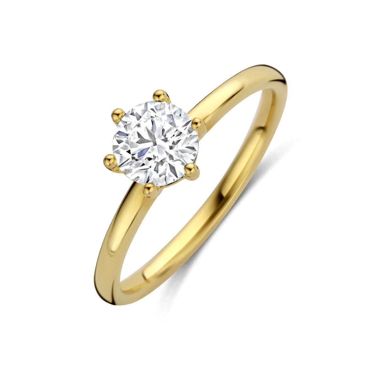 Anello da donna in oro giallo 14k con diamante lab-grown, design semplice e brillante.
