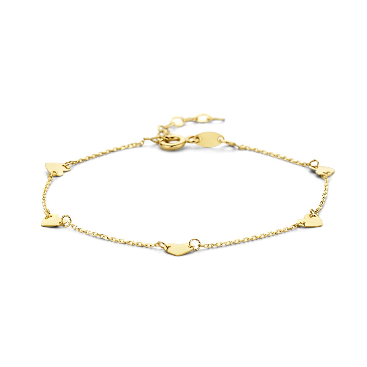 Bracciale in oro giallo con piccoli cuori pendenti.