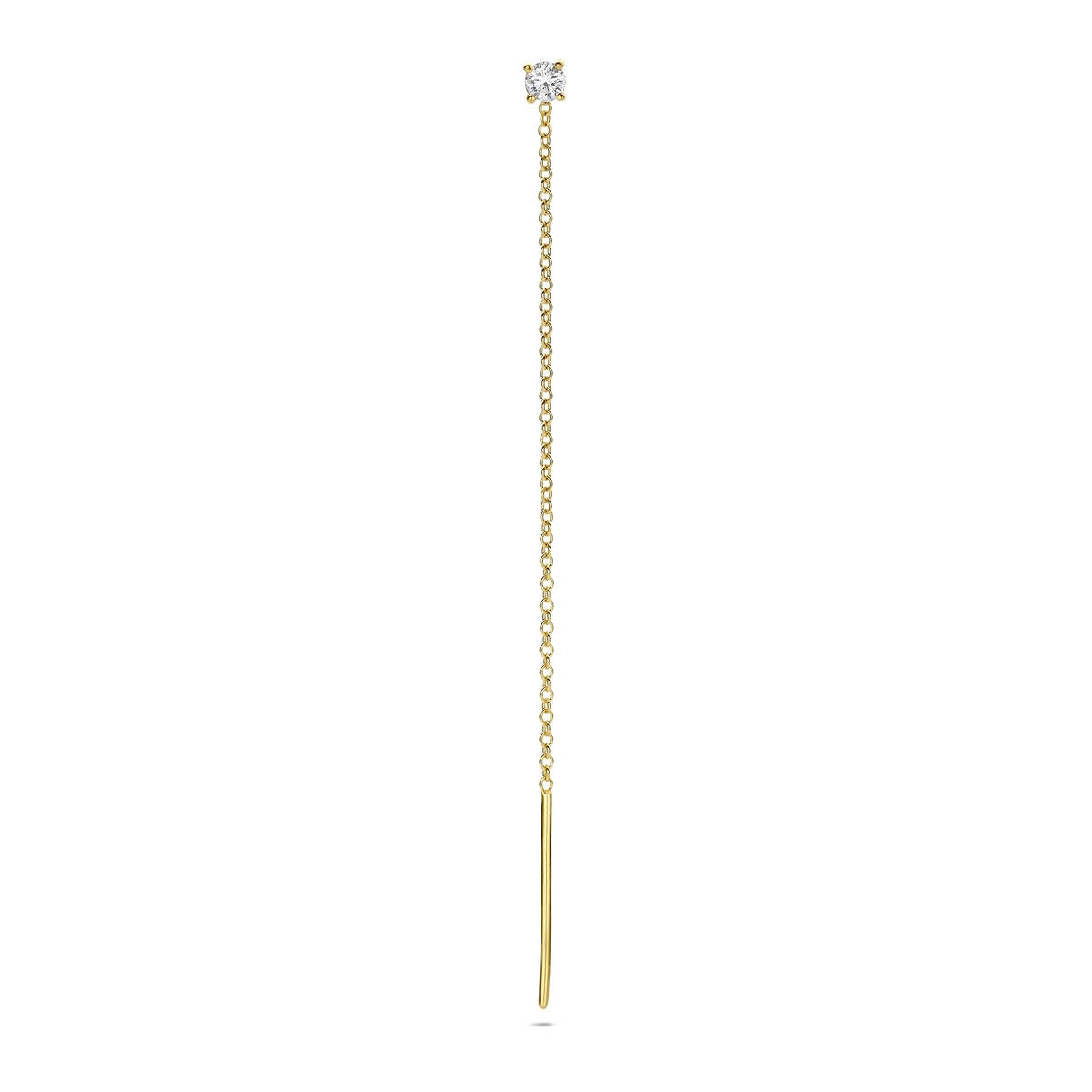 Orecchino pendente in oro giallo 14k con diamante, lungo e sottile.