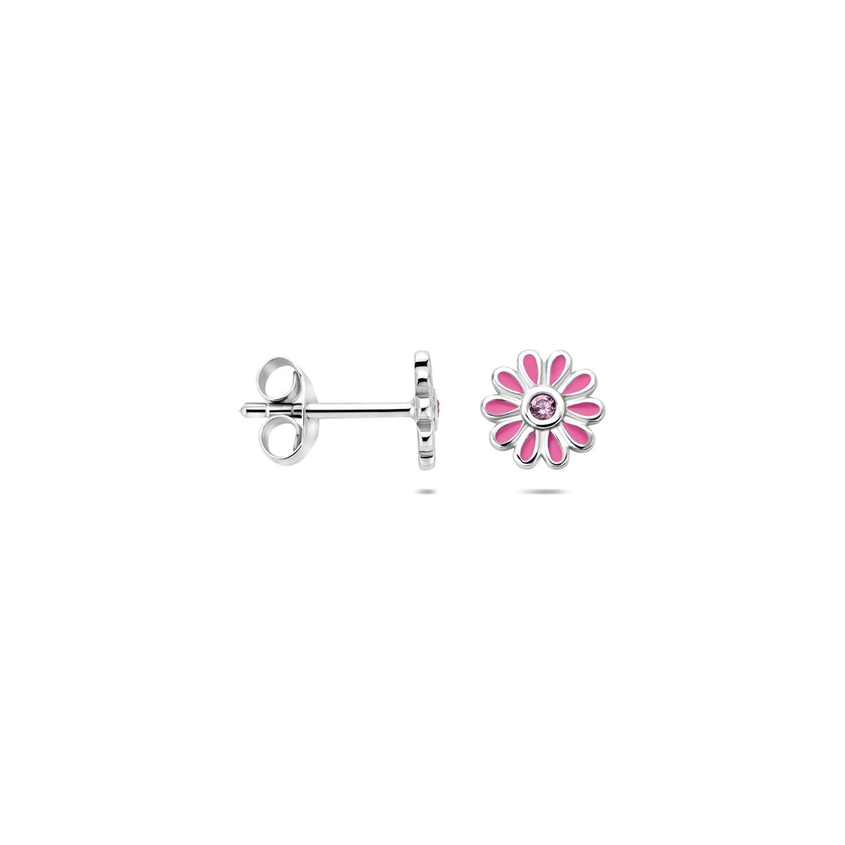 Orecchini a bottone in argento fiore con zircone rosa – rodiati