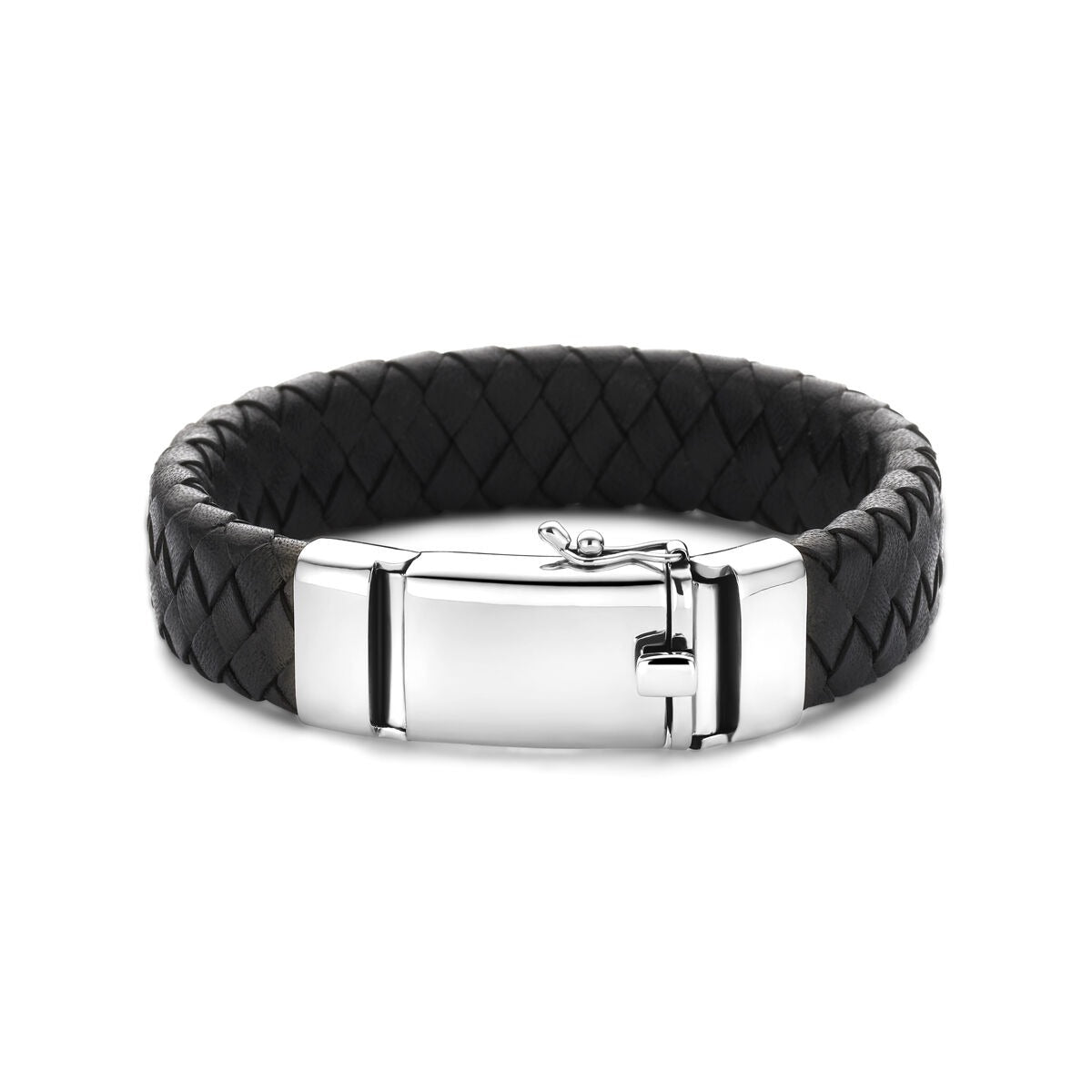 Bracciale da Uomo in Pelle Nero con Argento Rodiato – 21 cm