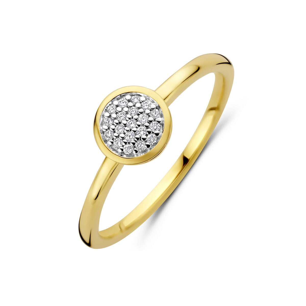 Anello in oro giallo 14k con diamanti incastonati in un disco centrale.