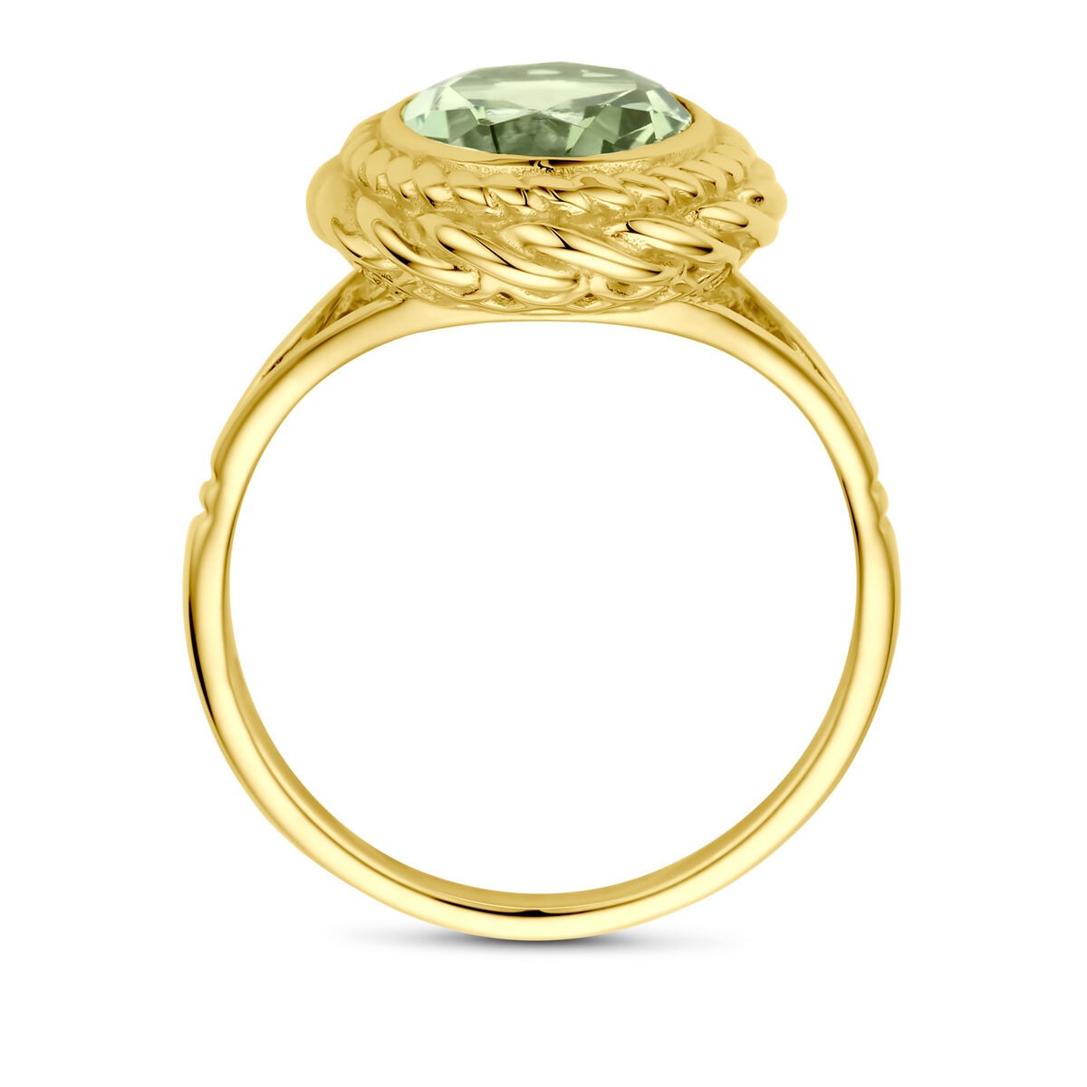 Anello in oro 14k con ametista verde, montatura a entourage con dettagli intrecciati.