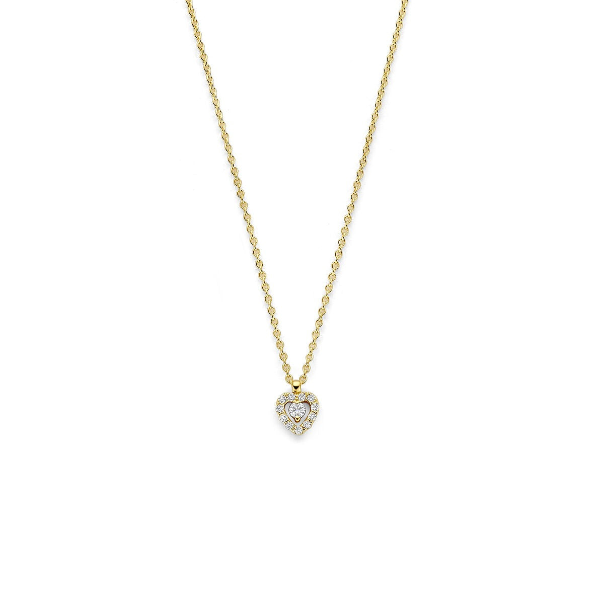 Geelgouden collier met een hartvormige hanger bezet met een diamant.