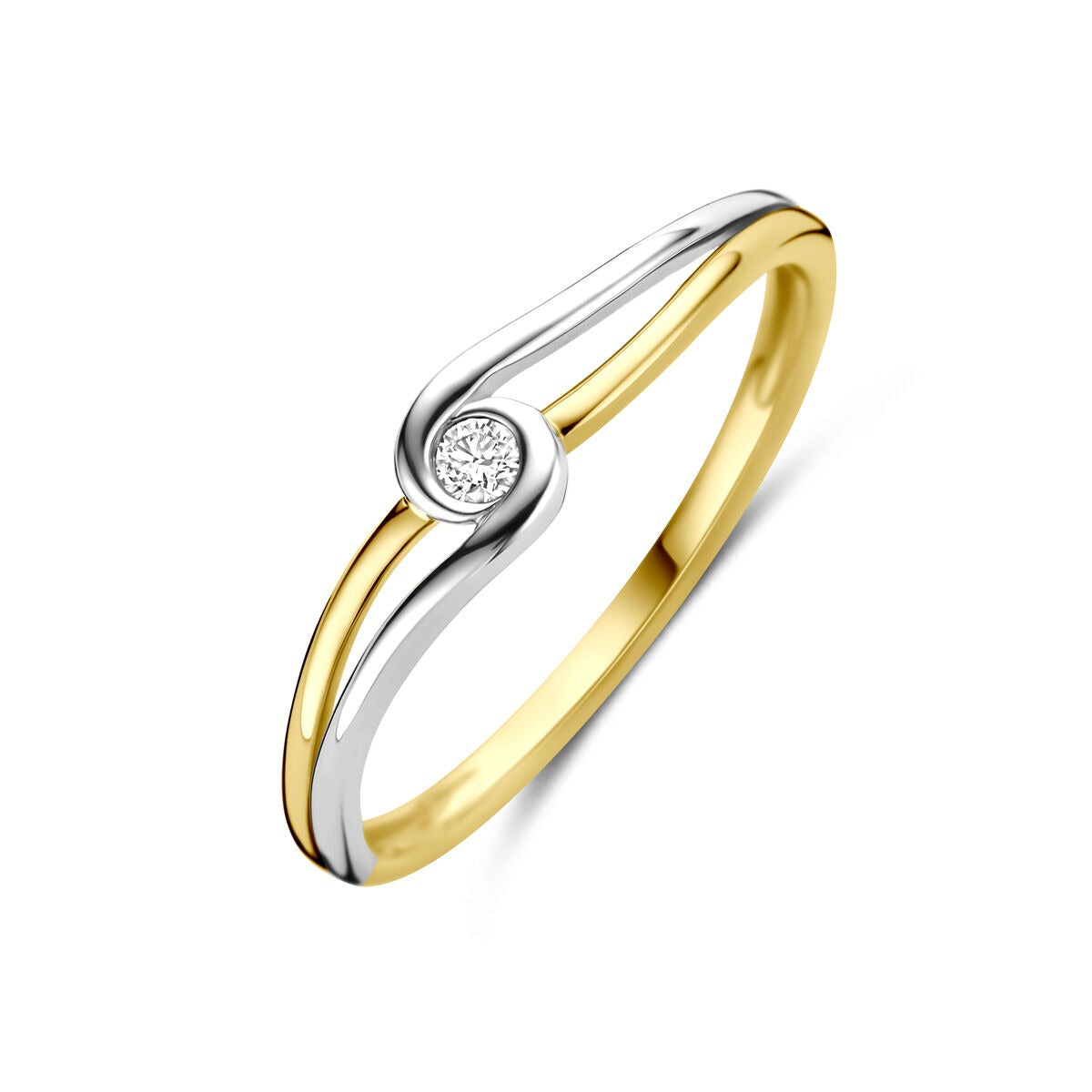 Anello bicolore in oro con diamante, realizzato in oro giallo e bianco 14k, design elegante.