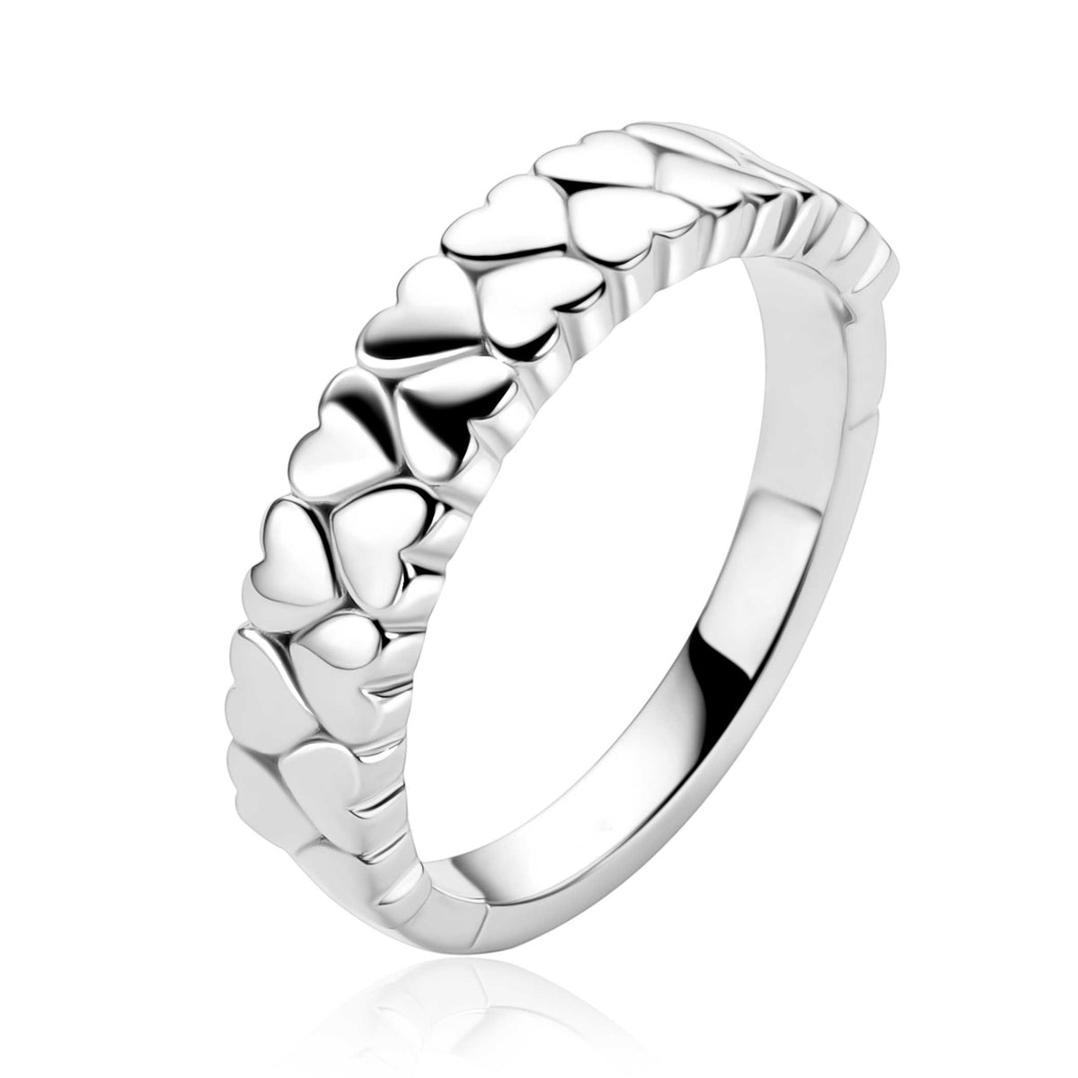 Anello in argento con zircone, decorato con cuori in rilievo.