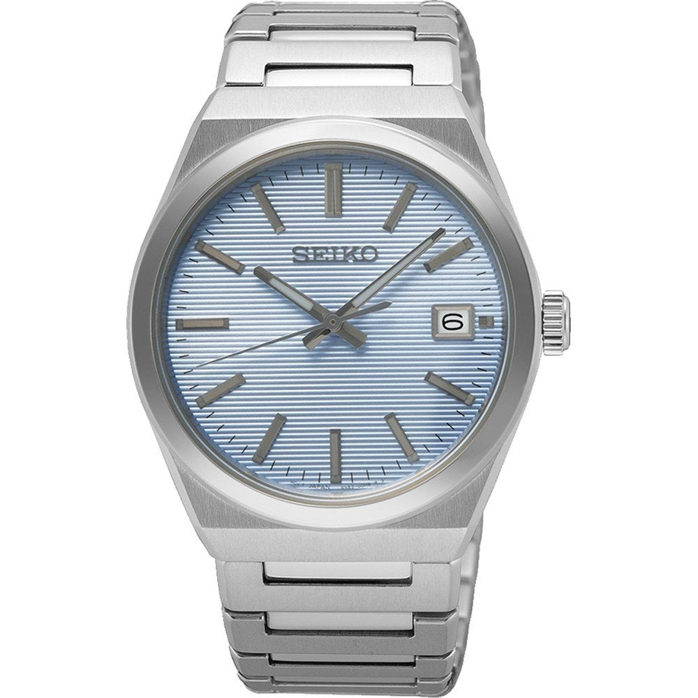 Orologio da uomo Seiko con cassa in acciaio inox, quadrante blu chiaro e bracciale in acciaio.