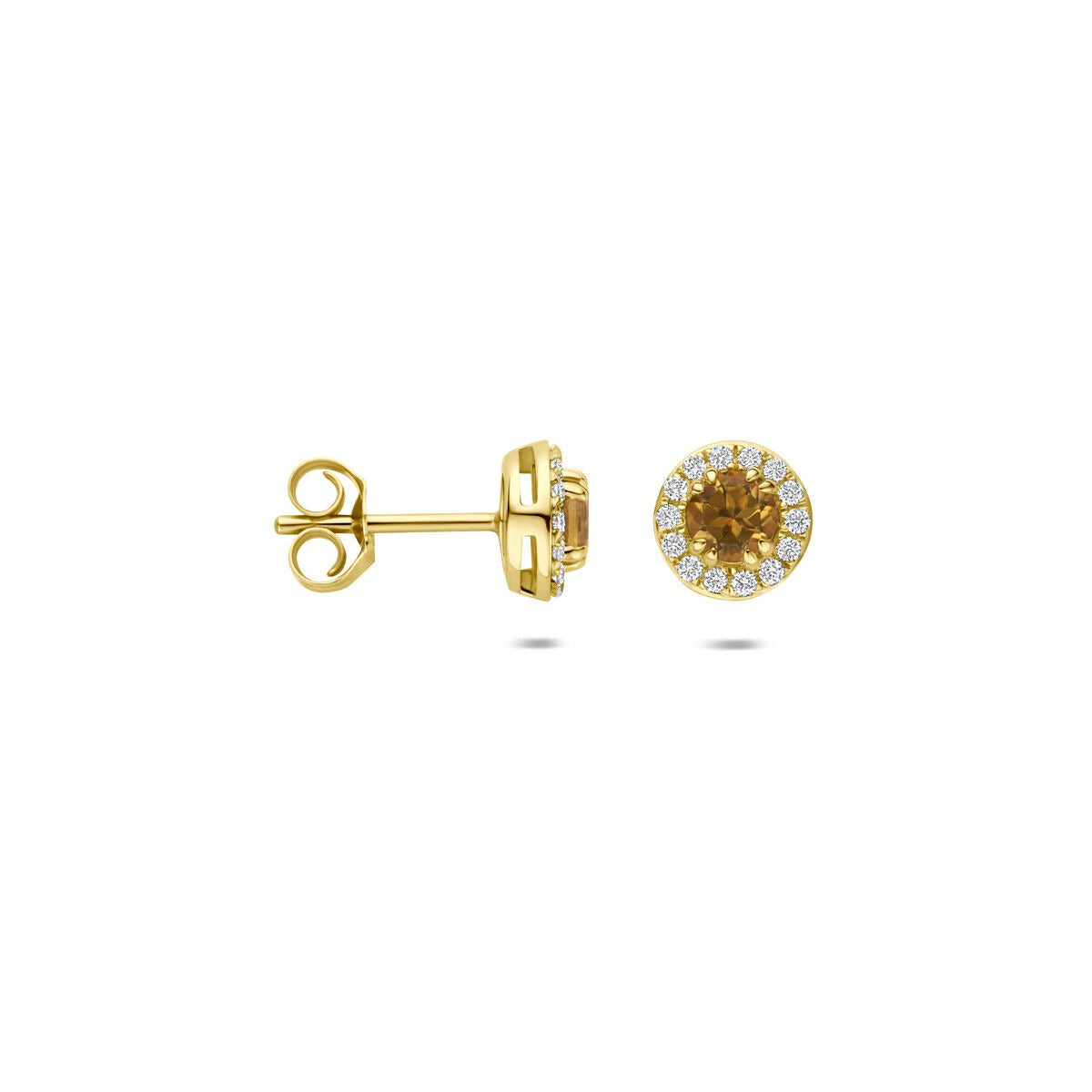 Orecchini a bottone in oro giallo 14k con citrino e diamante lab grown