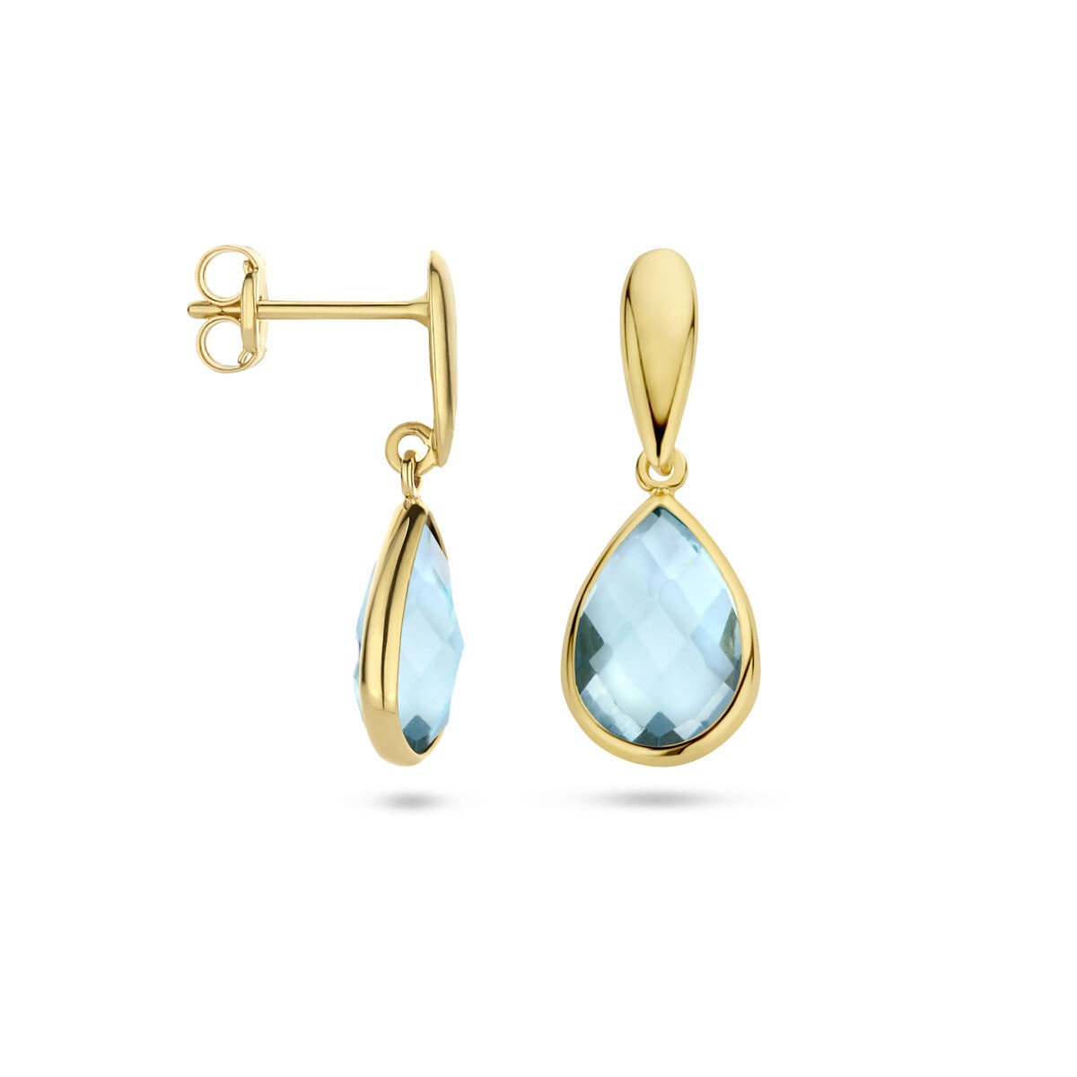 Orecchini pendenti in oro giallo 9k con topazio blu