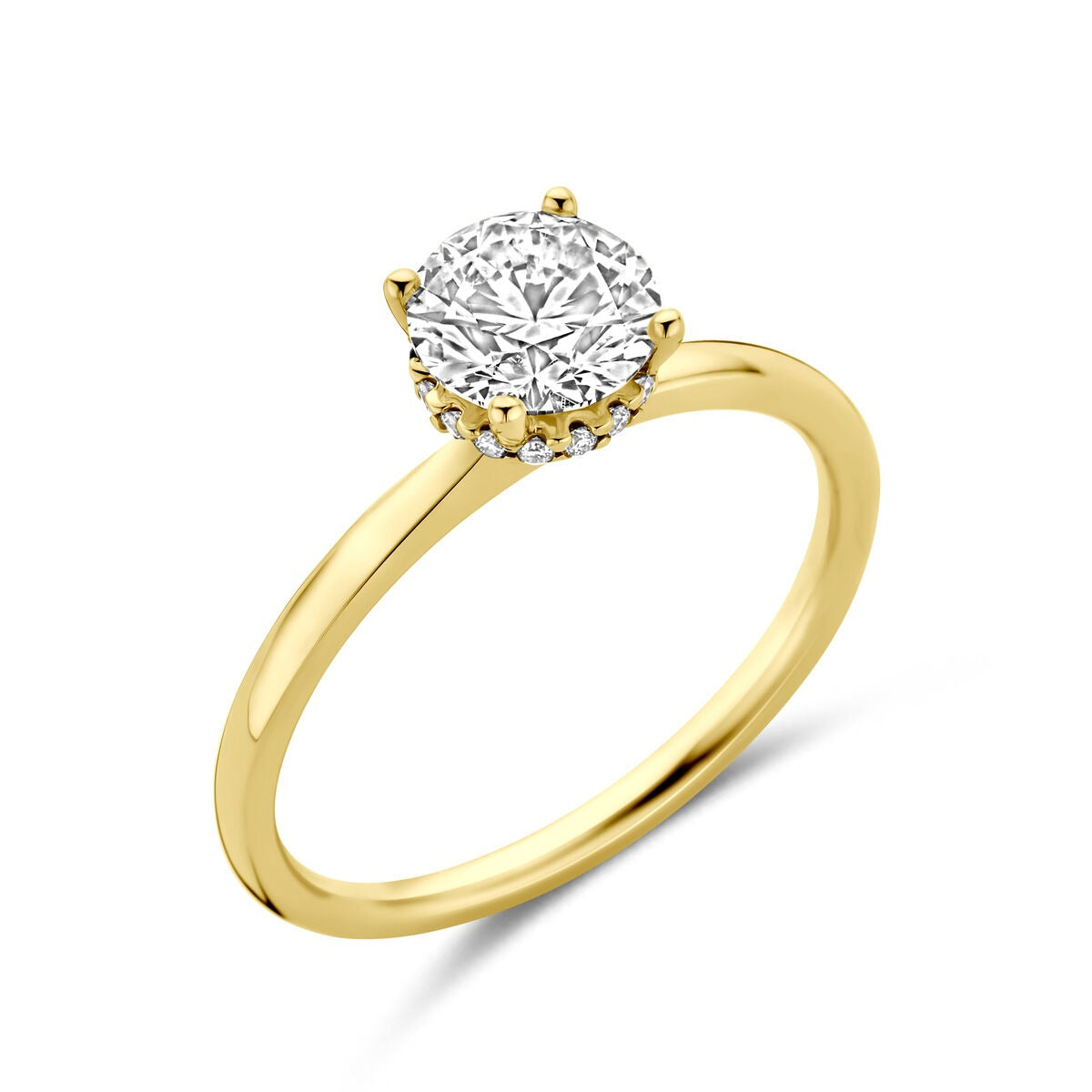 Anello in oro giallo 14k con diamante lab grown da 1,07 ct, montatura semplice e brillante.