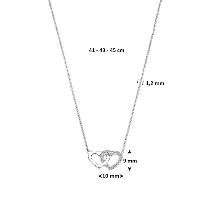 Gerhodineerd 925 zilveren collier met twee hartjes en zirkonia