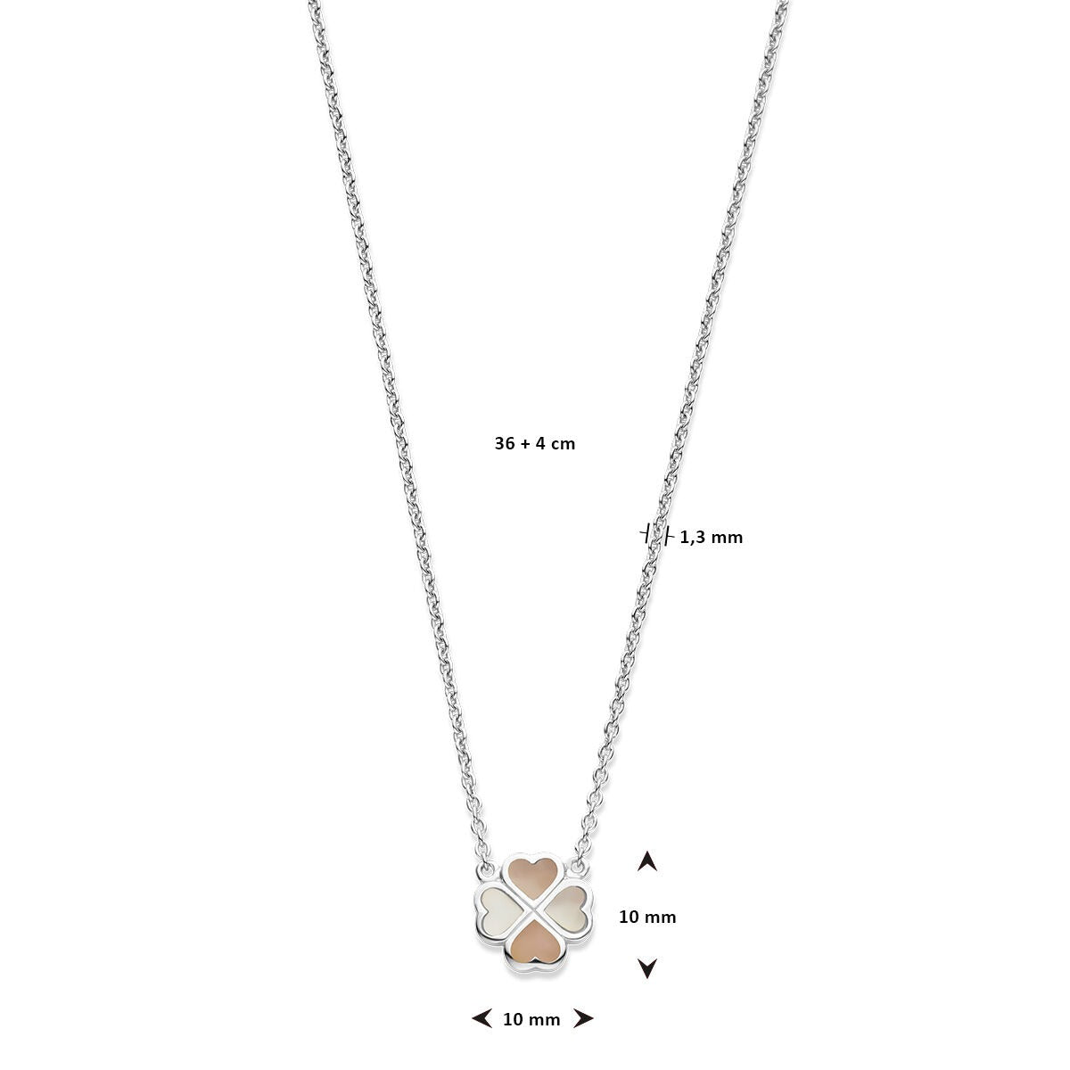 Collana per bambini in argento con ciondolo quadrifoglio – rodiata con madreperla rosa e bianca