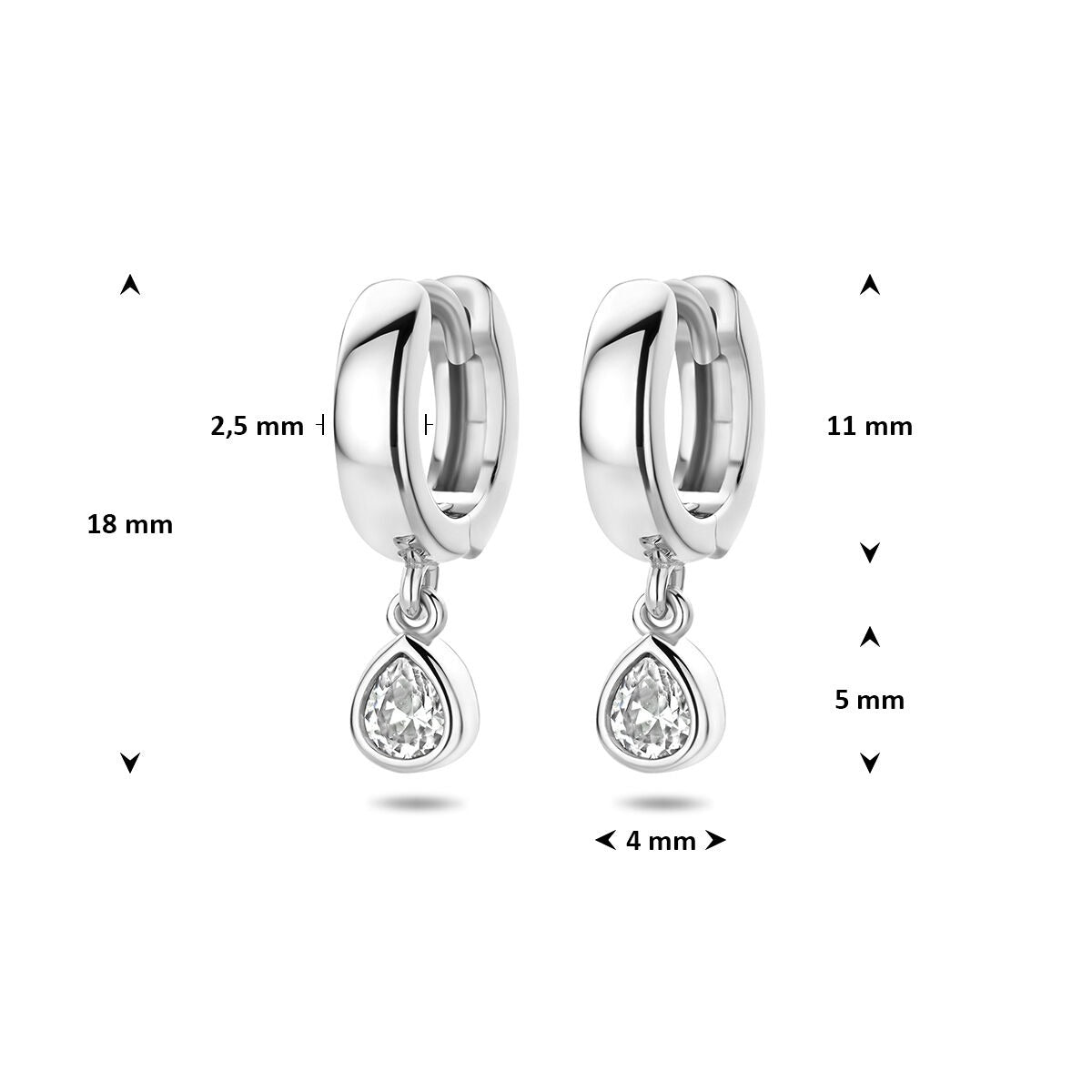 Orecchini a cerchio in argento 925 rodiato con zirconia a forma di pera