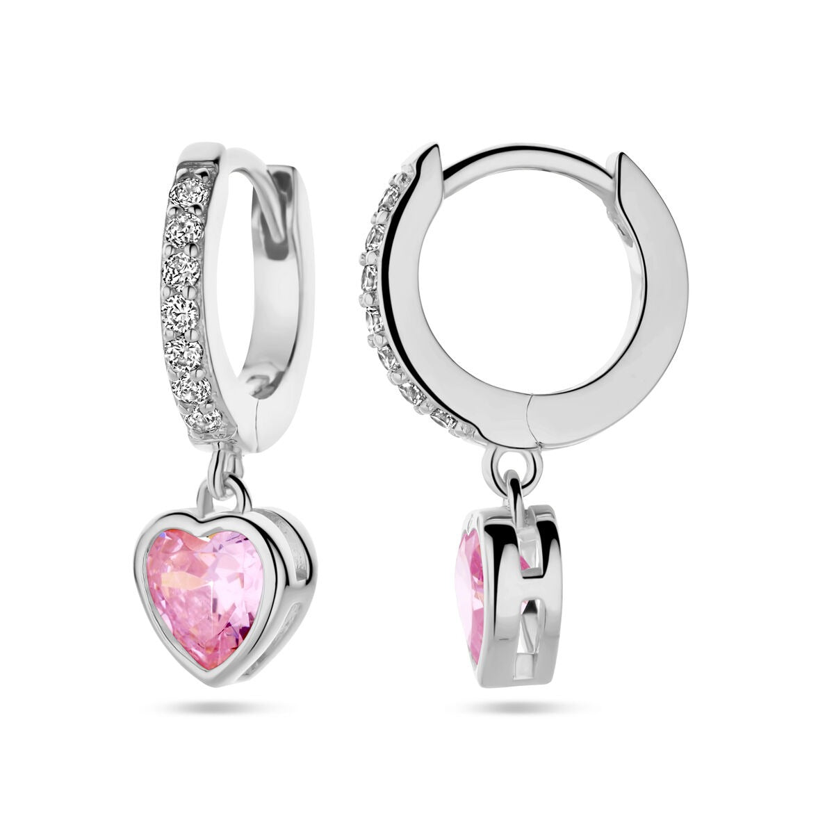 Orecchini in argento rodiato con zircone rosa a forma di cuore