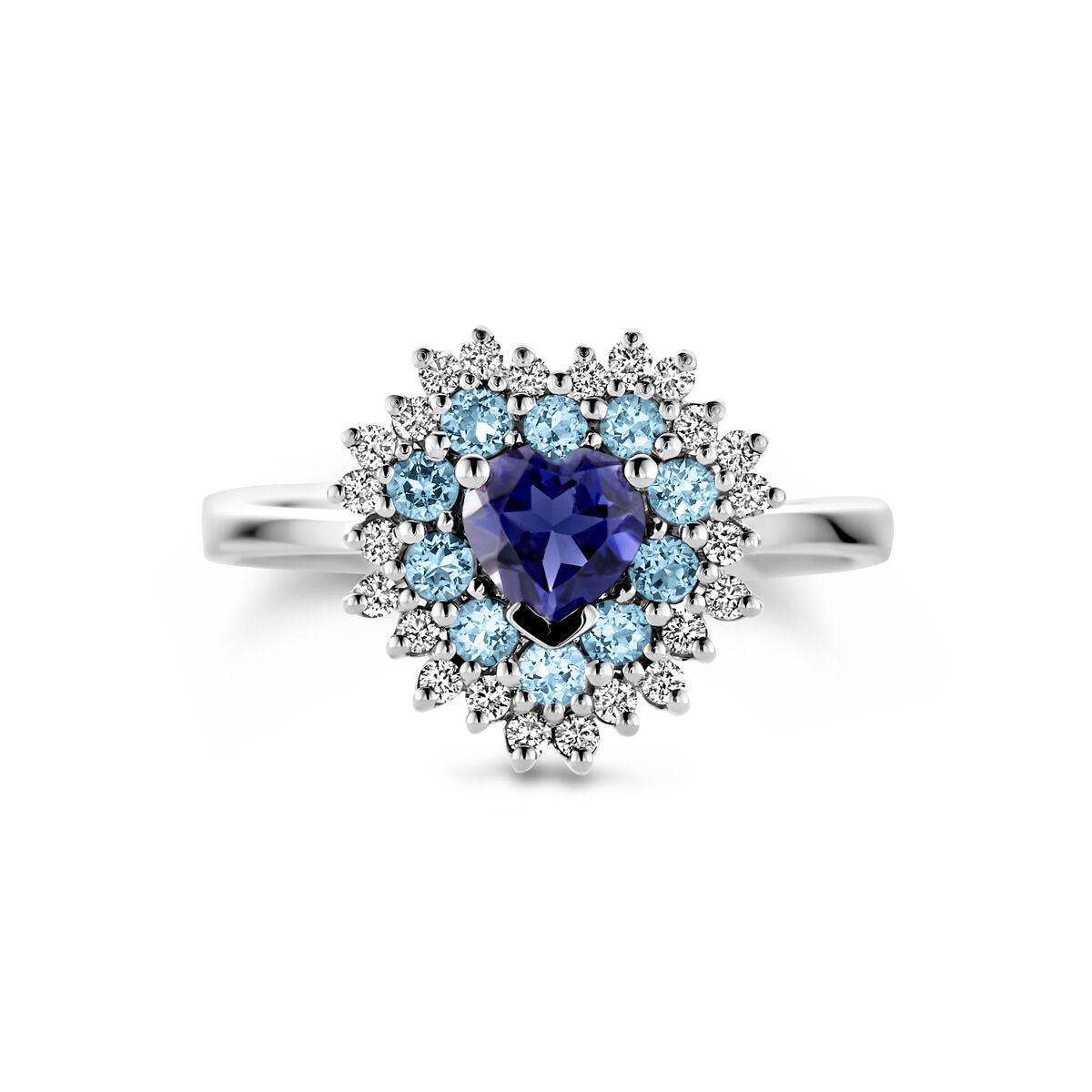Anello in oro bianco a forma di cuore – Topazio london blue, ioliti e diamante