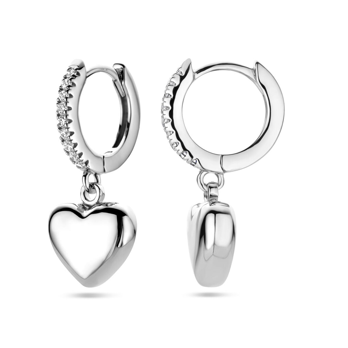 Orecchini a cerchio pieghevole in argento con cuore e zircone – argento 925 rodiato
