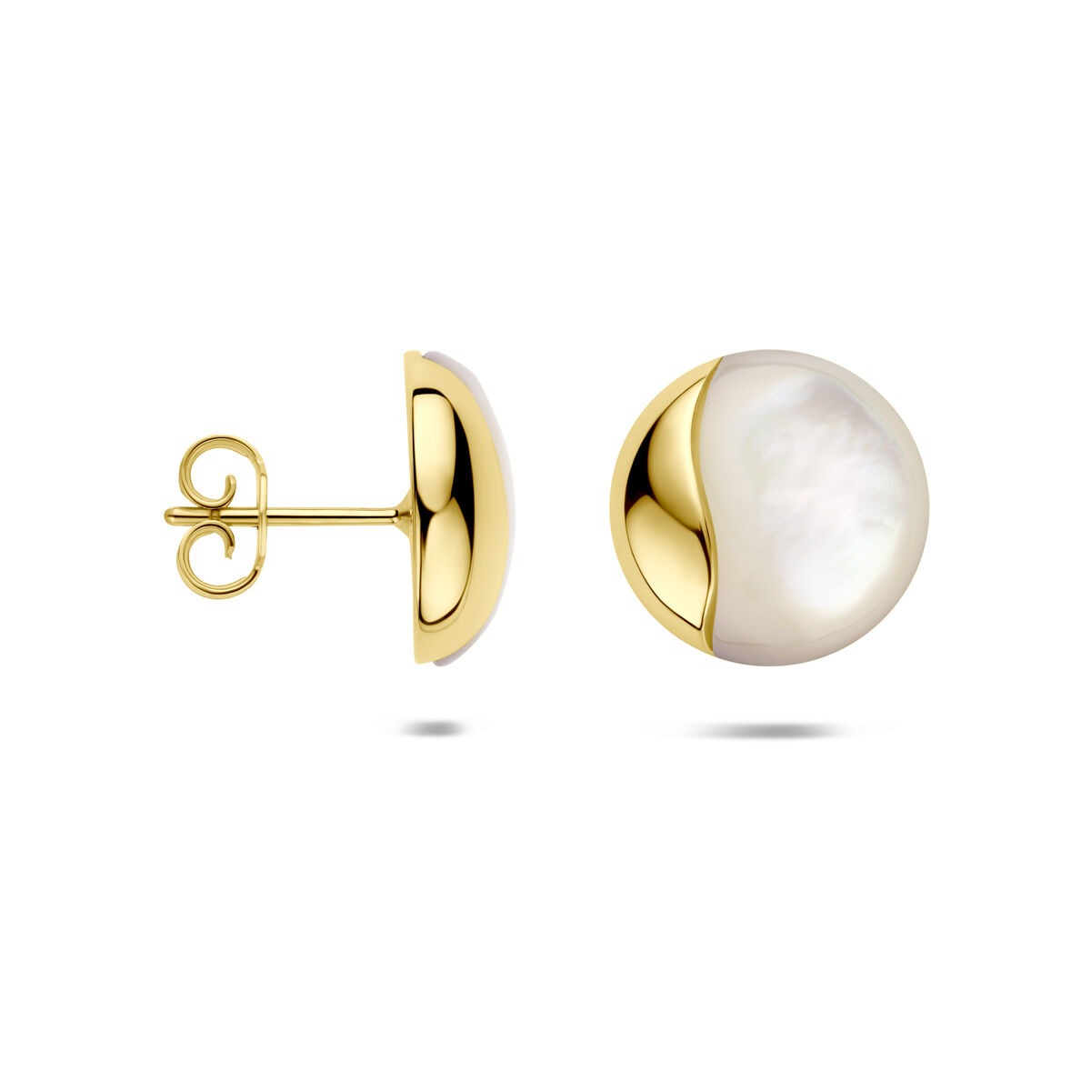 Orecchini a bottone in oro giallo 14k con madreperla 14 mm