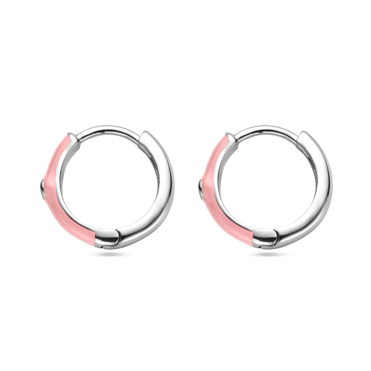 Orecchini alla creola in argento con zircone e smalto rosa, finitura rodiata, diametro 15 mm.