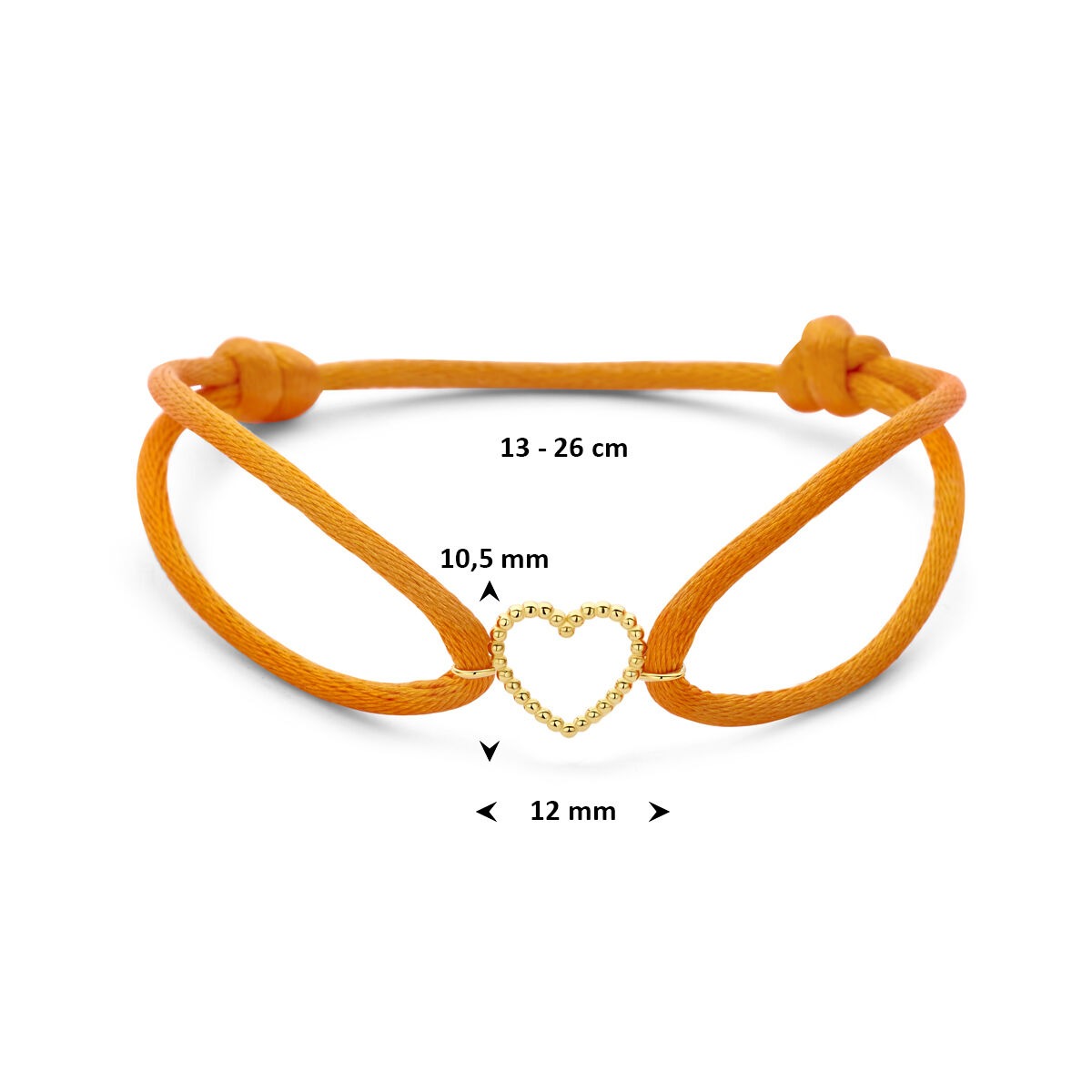 Bracciale da donna in raso arancione con cuore in oro giallo 14k – Dettaglio amorevole con un tocco giocoso
