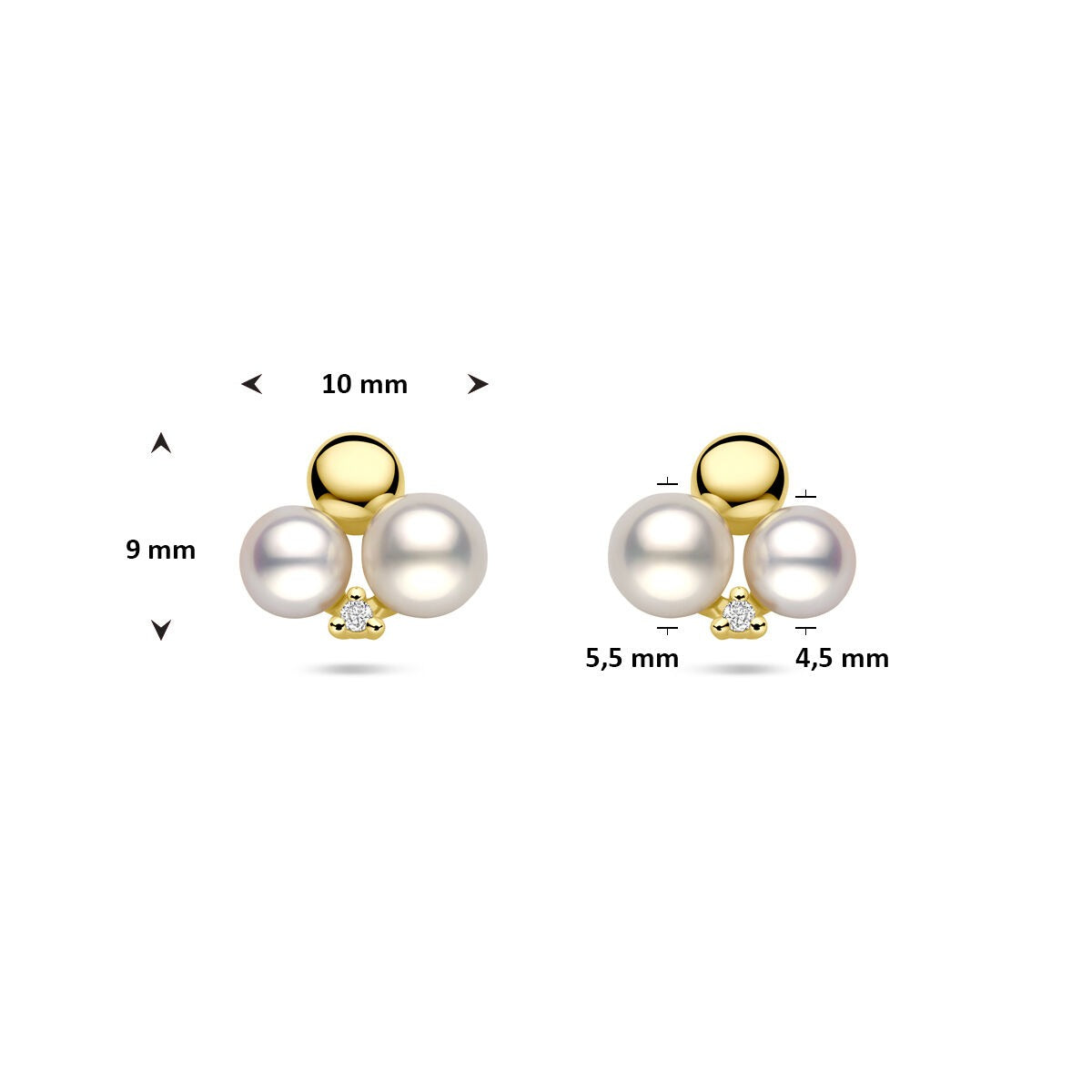 Orecchini a bottone da donna in oro con perla e diamante – 14k 0.02ct (2x 0.01ct) h si 9 mm