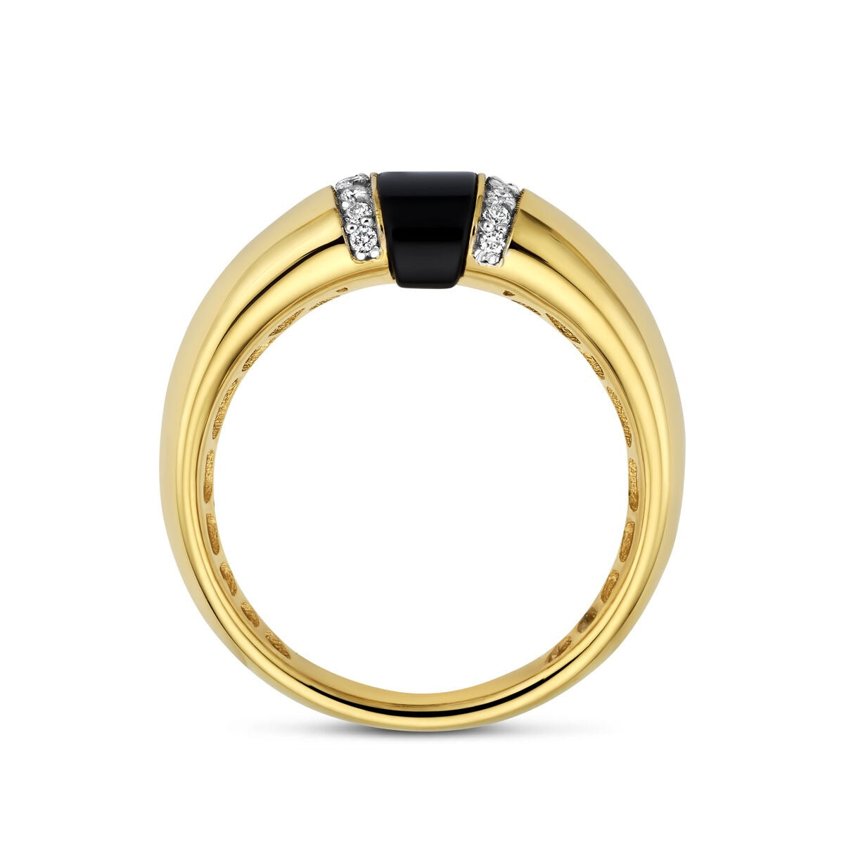 Anello da donna in oro giallo 14k con onice e diamante – larghezza 6,5 mm