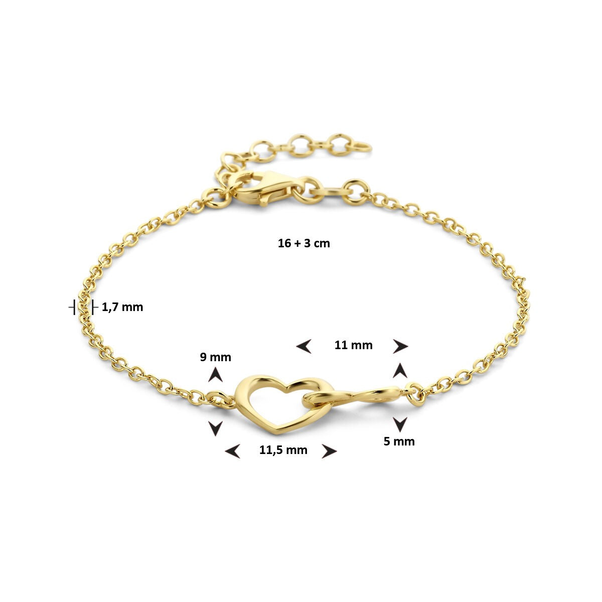 Bracciale in argento placcato oro con cuore e infinito – 16-19 cm