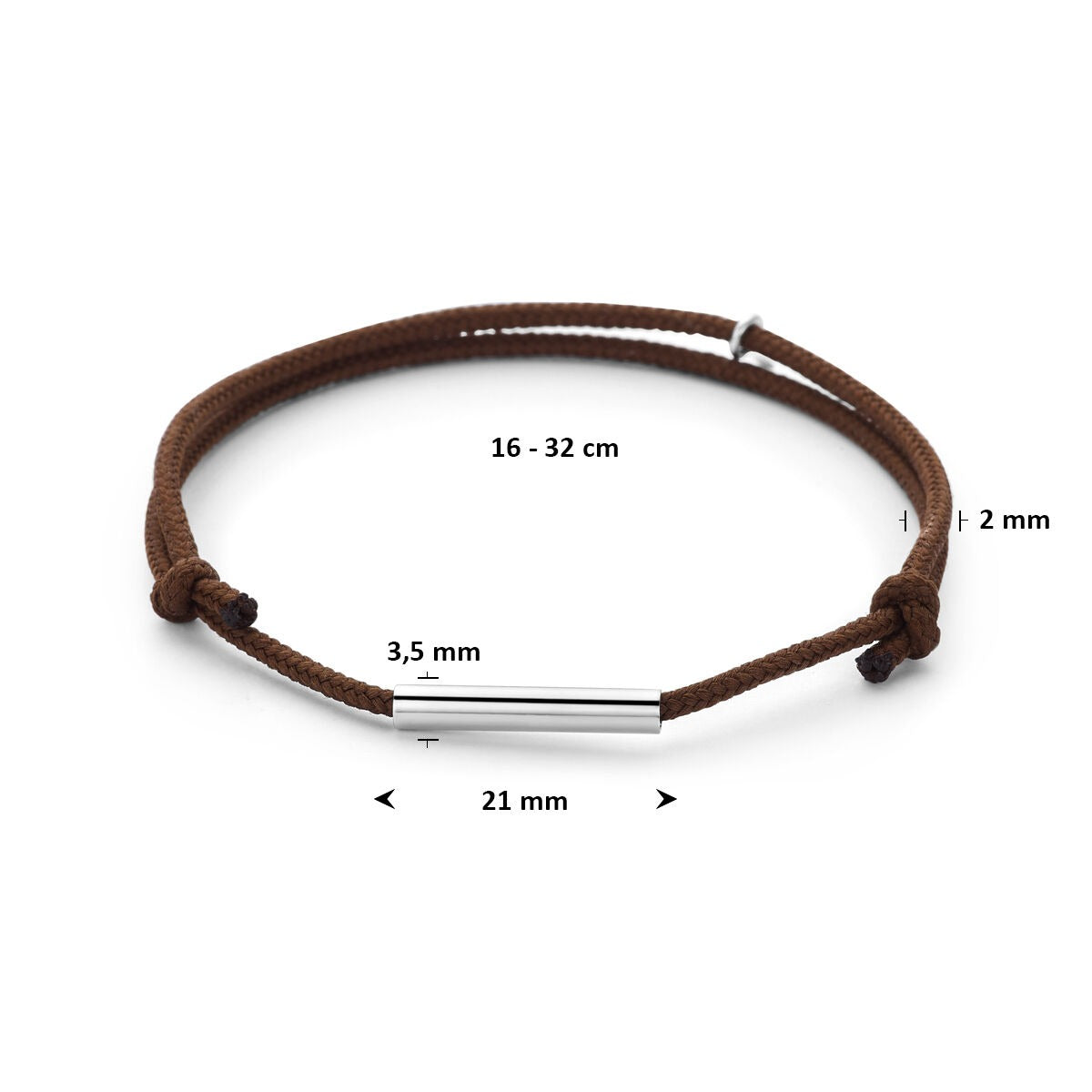 Bracciale in cotone marrone con barretta in argento rodiato
