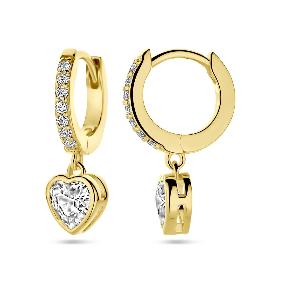 Orecchini a cerchio in argento dorato con zirconia a forma di cuore ed entourage