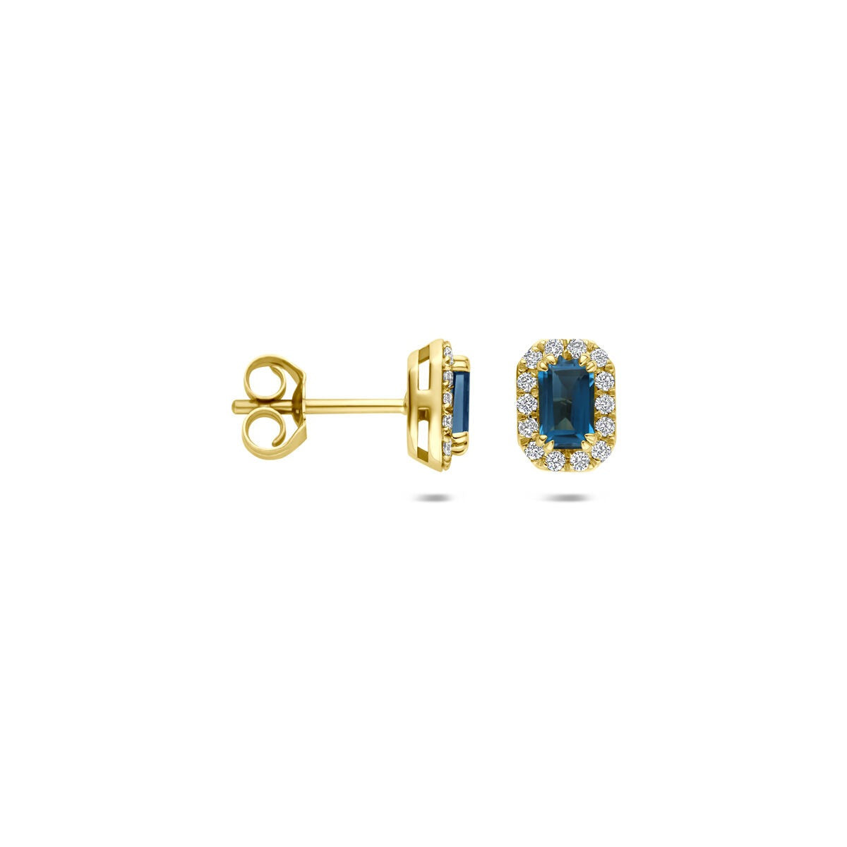Orecchini a bottone in oro giallo 14k con topazio London blue e diamante lab grown