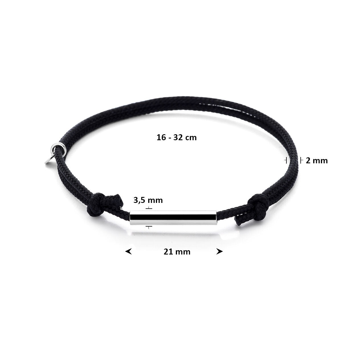 Bracciale in cotone nero con barretta in argento rodiato