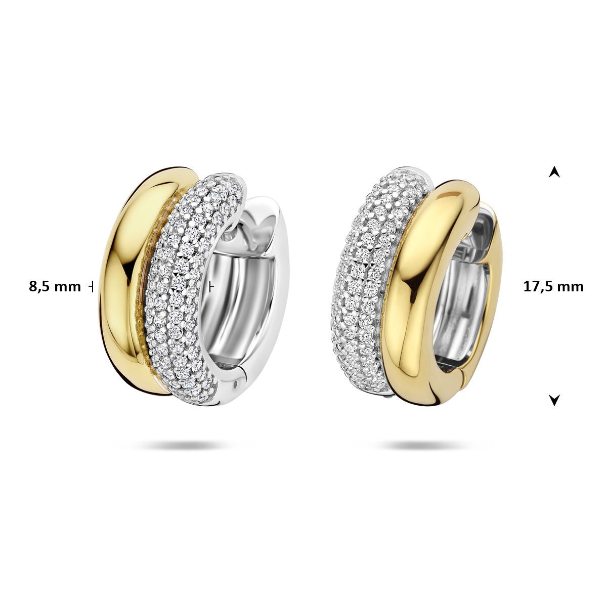 Orecchini a cerchio da donna in argento dorato con zirconi – bicolore 17,5 mm