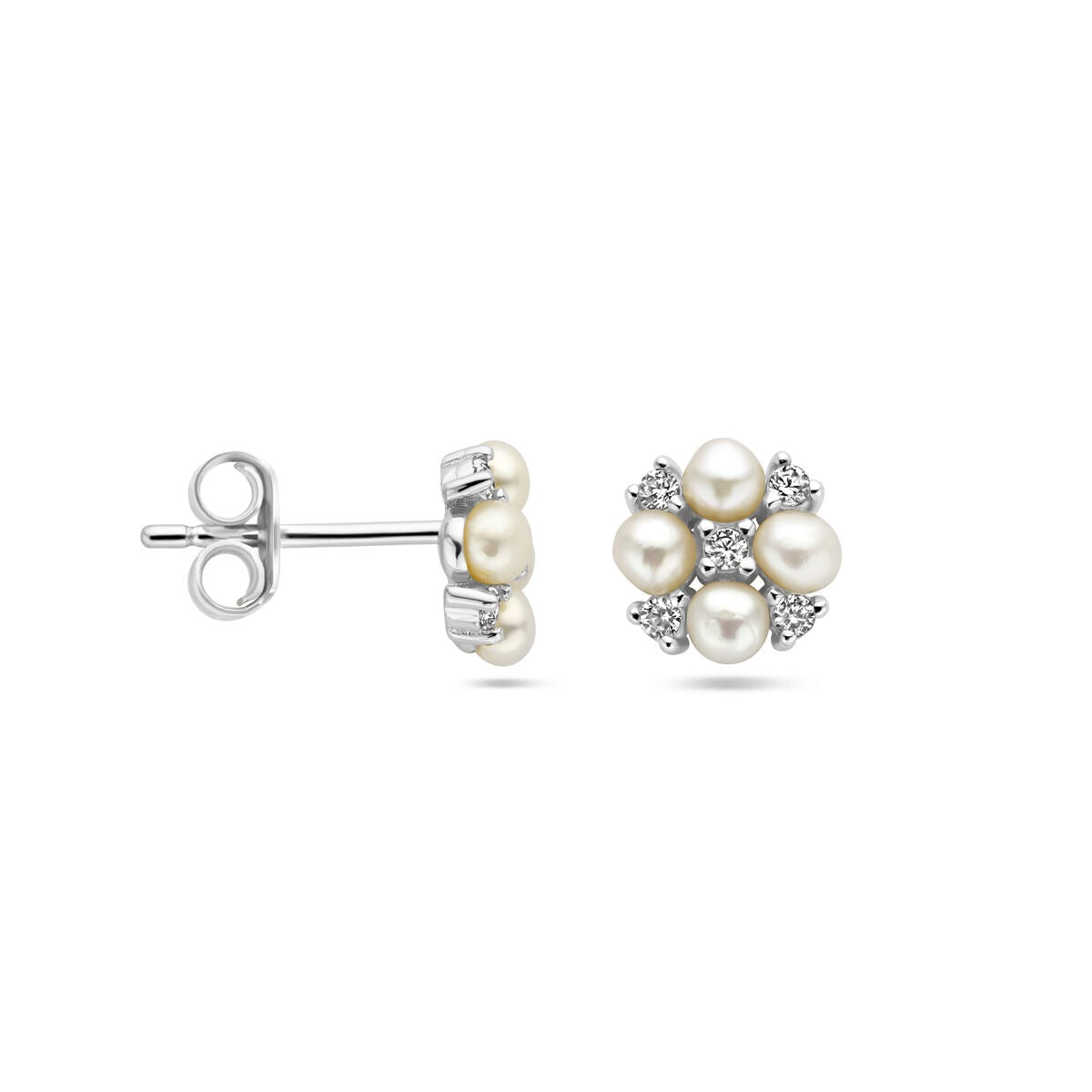 Orecchini a bottone da donna in argento con perla di acqua dolce e zircone – rodiato 7.5 mm