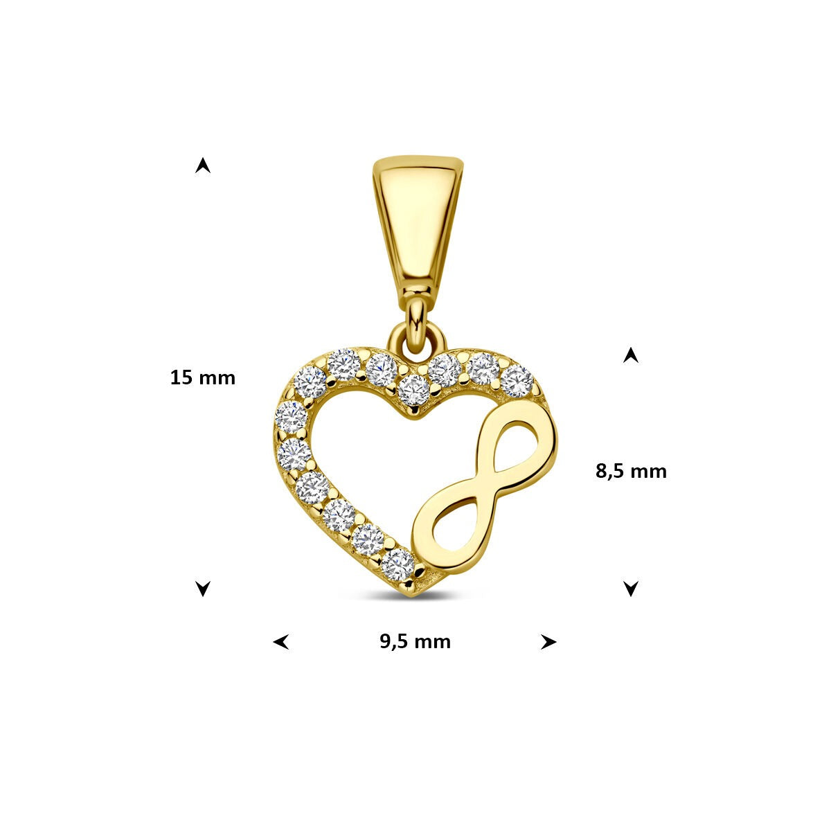 ciondolo cuore in oro giallo 9k con infinity e zirconia
