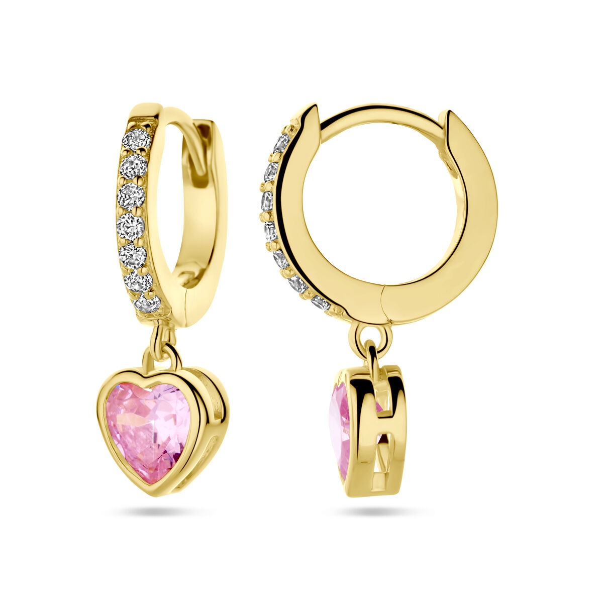 Orecchini in argento dorato con zircone rosa a cuore e accenti bianchi