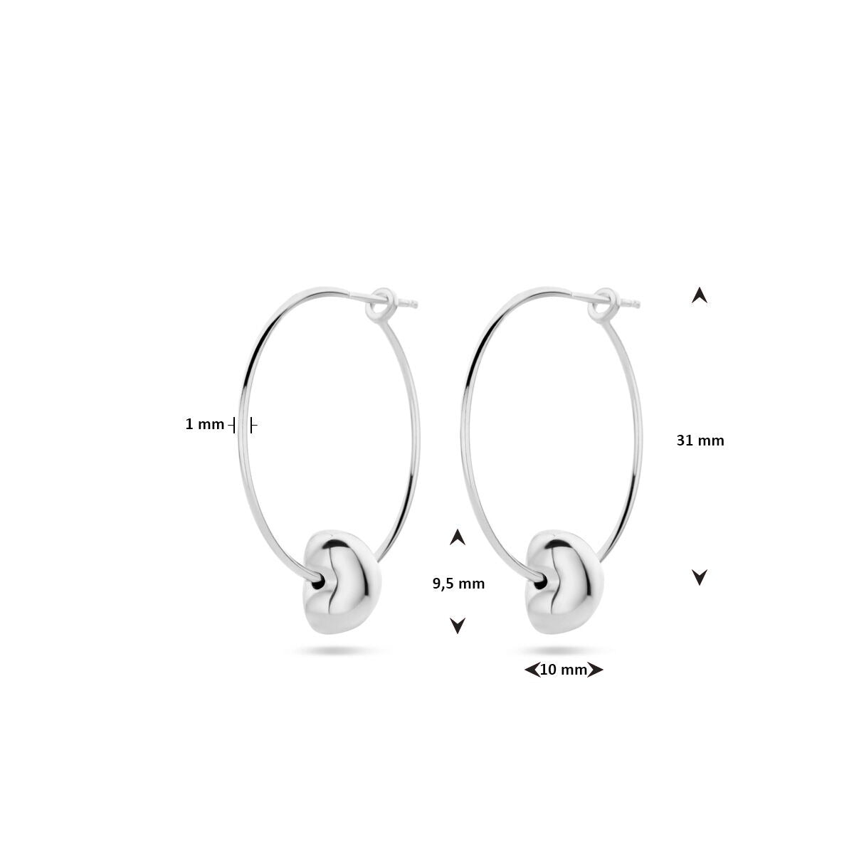 Orecchini a cerchio da donna in argento con cuore – rodiato 31 mm