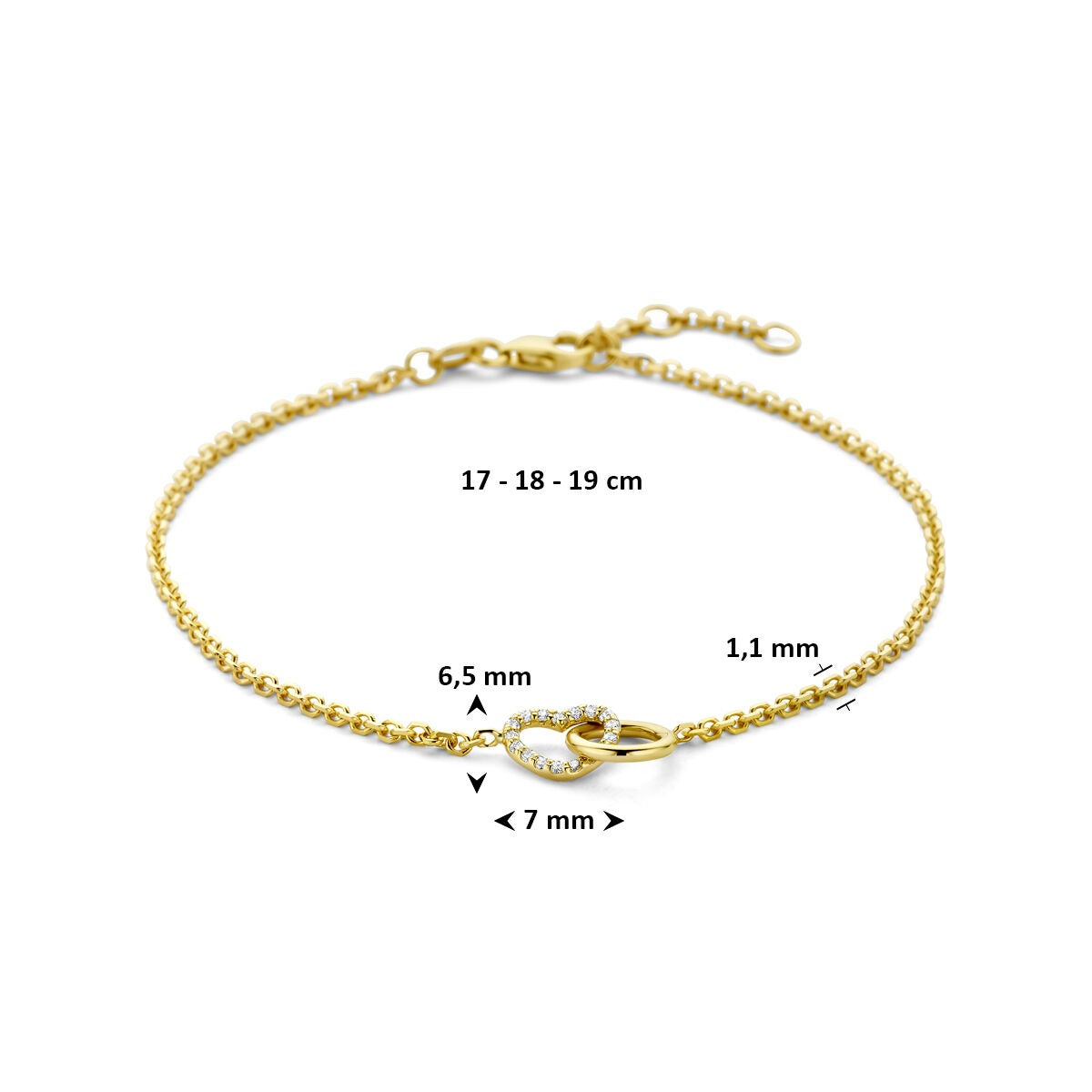 Bracciale in oro giallo 14k con cerchietto e cuoricino diamante lab grown 0.09ct