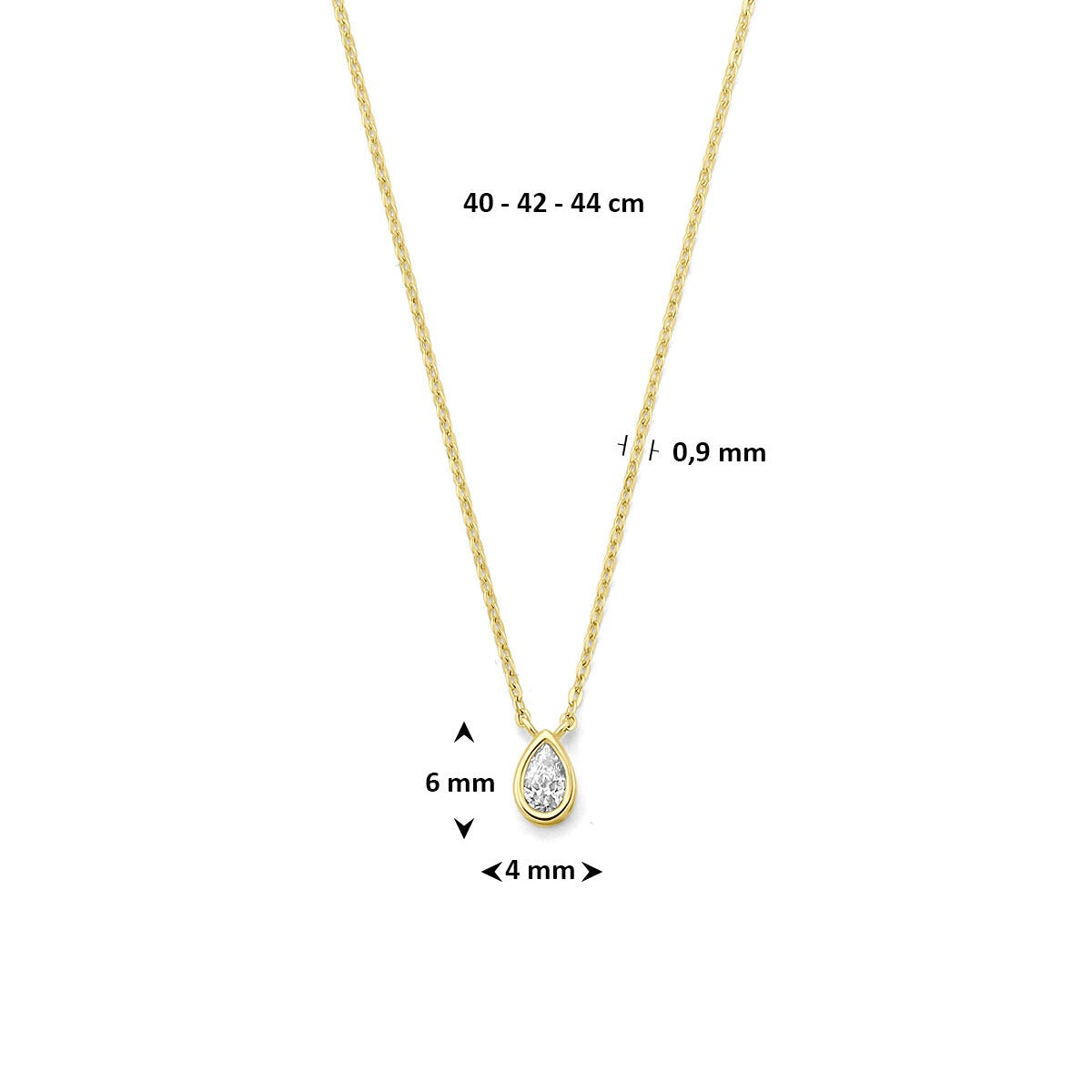 9k Geelgouden dames ketting met peervormige zirkonia
