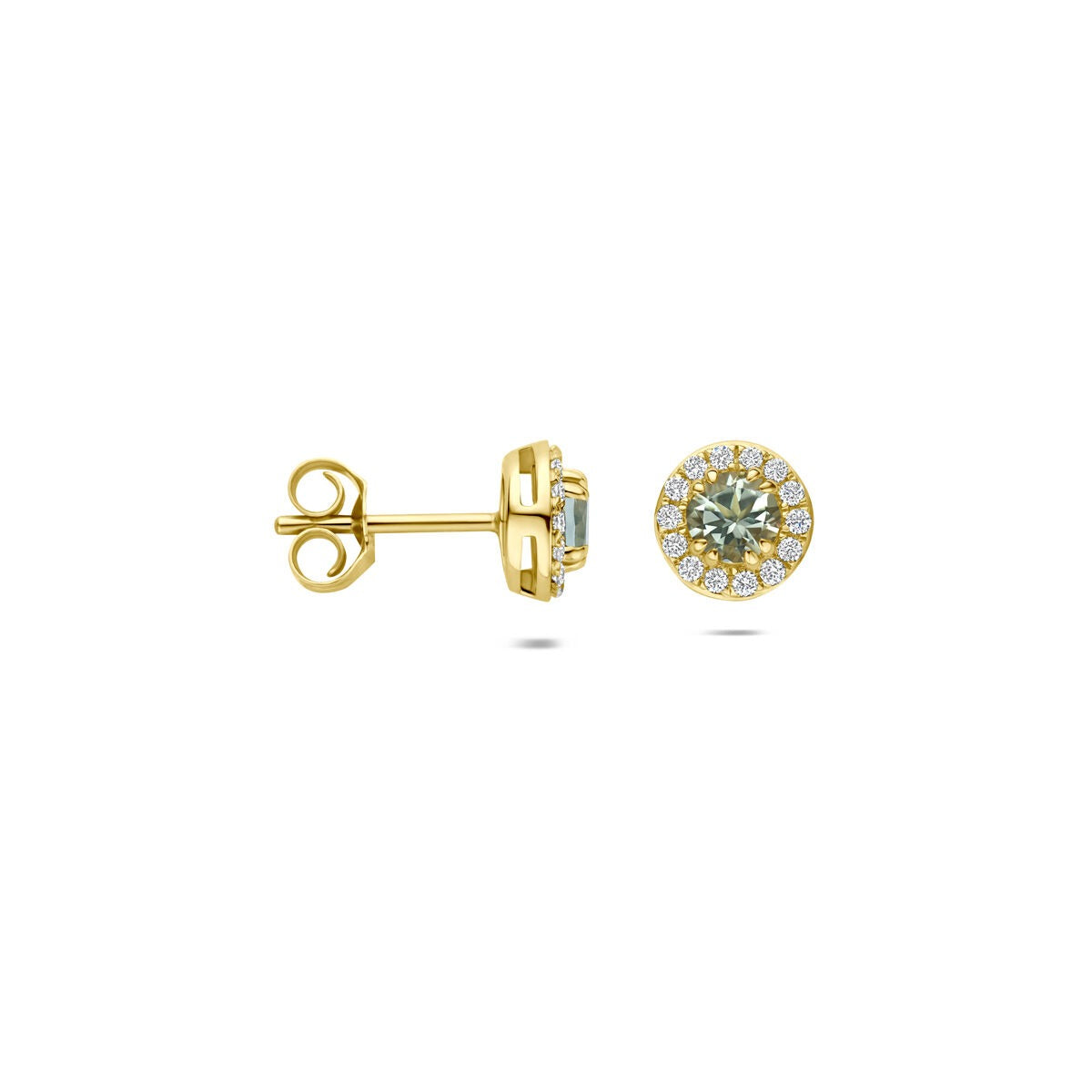 Orecchini a bottone in oro giallo 14k con ametista verde e diamante lab grown