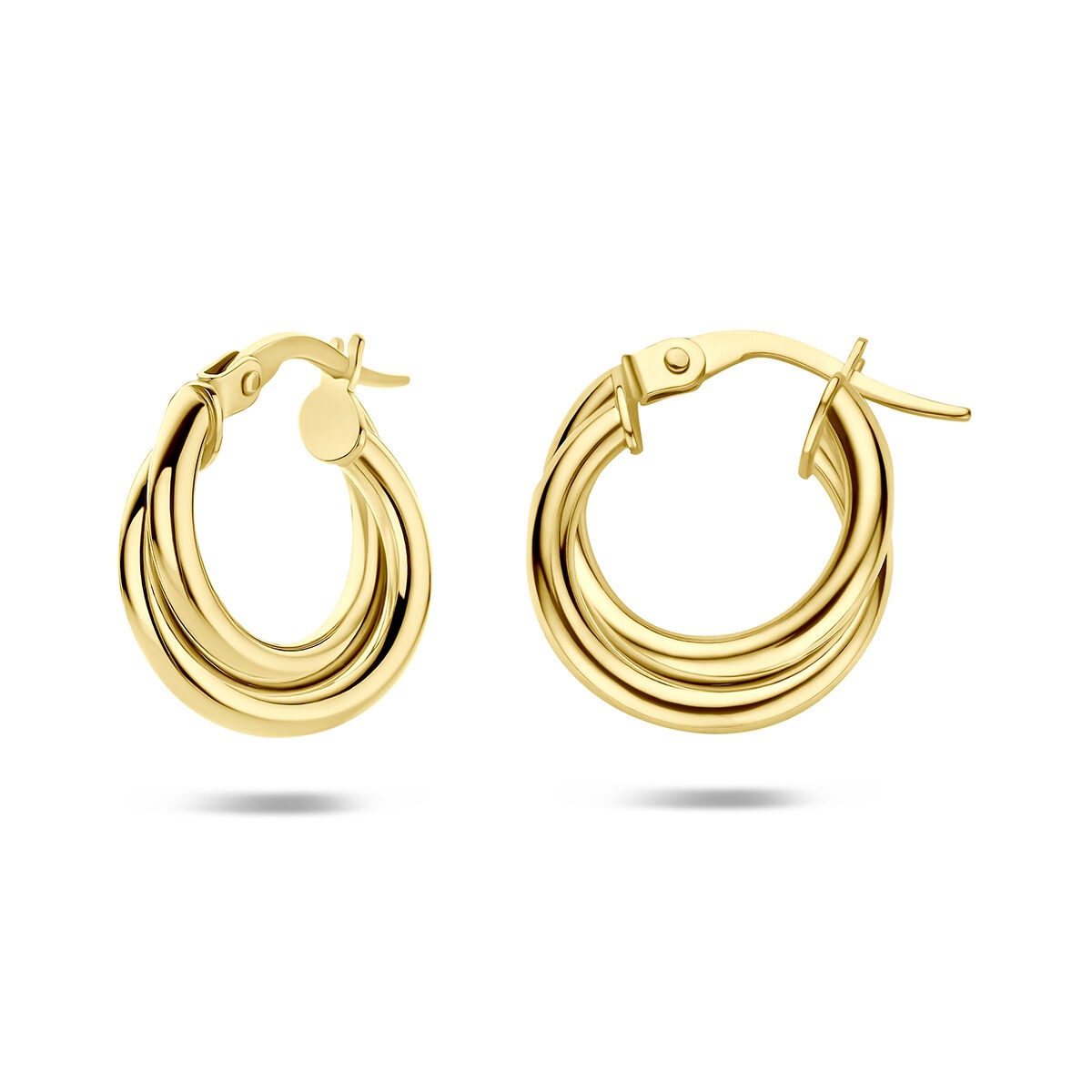 Orecchini alla creola in oro giallo 14k con chiusura a cerniera, spessore 4 mm.