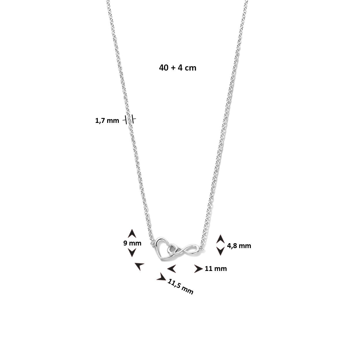 Collana in argento 925 rodiato con cuoricino e infinito