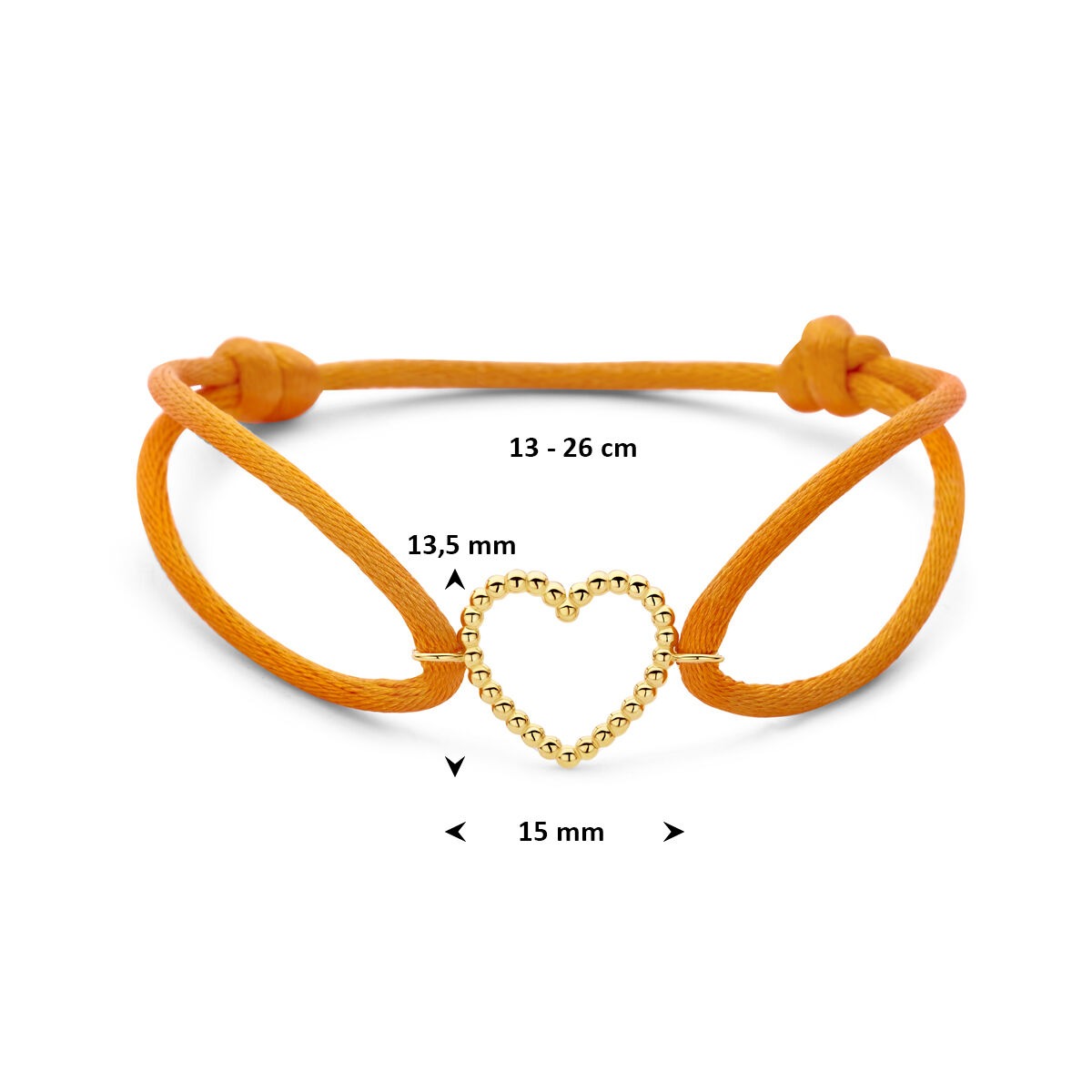 Bracciale da donna in raso arancione con cuoricino in oro giallo 14k – Un caldo gesto d'amore